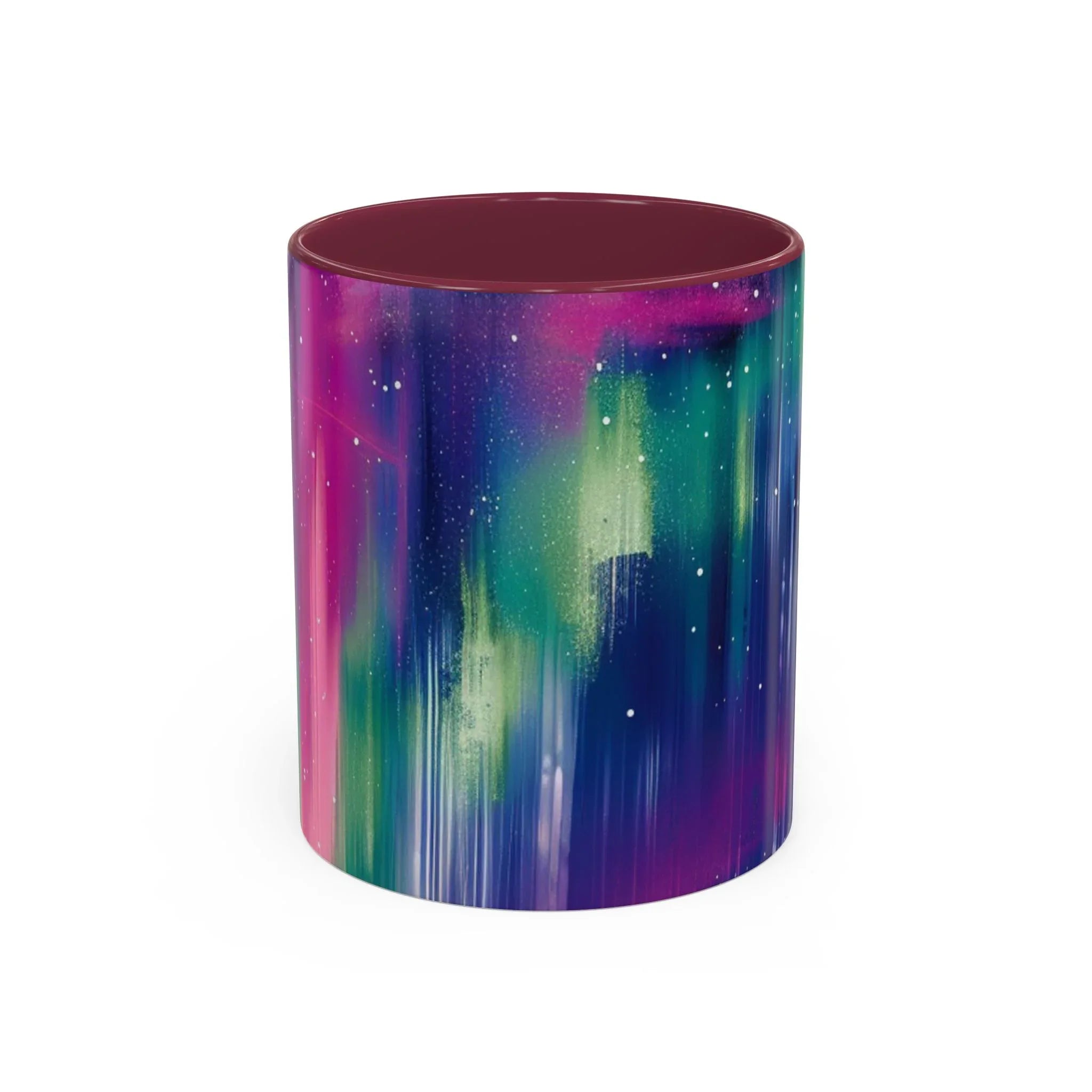 Colorful Mugs (11oz, 15oz), aurora borealis coffee cup design, northern lights starry silhouettes coffee cup - 250 USA Celebration