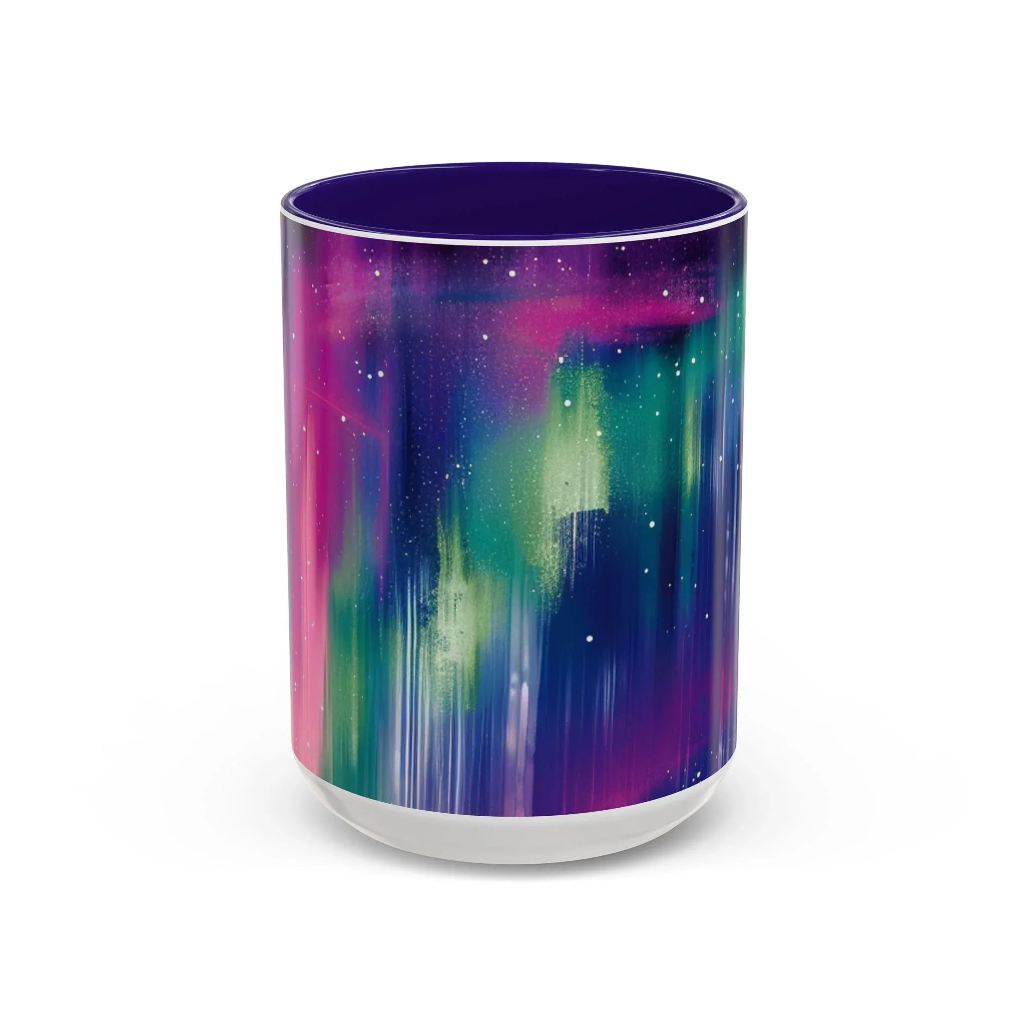 Colorful Mugs (11oz, 15oz), aurora borealis coffee cup design, northern lights starry silhouettes coffee cup - 250 USA Celebration