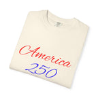 America 250 T-shirt | Patriotic Script, Red and Blue Text