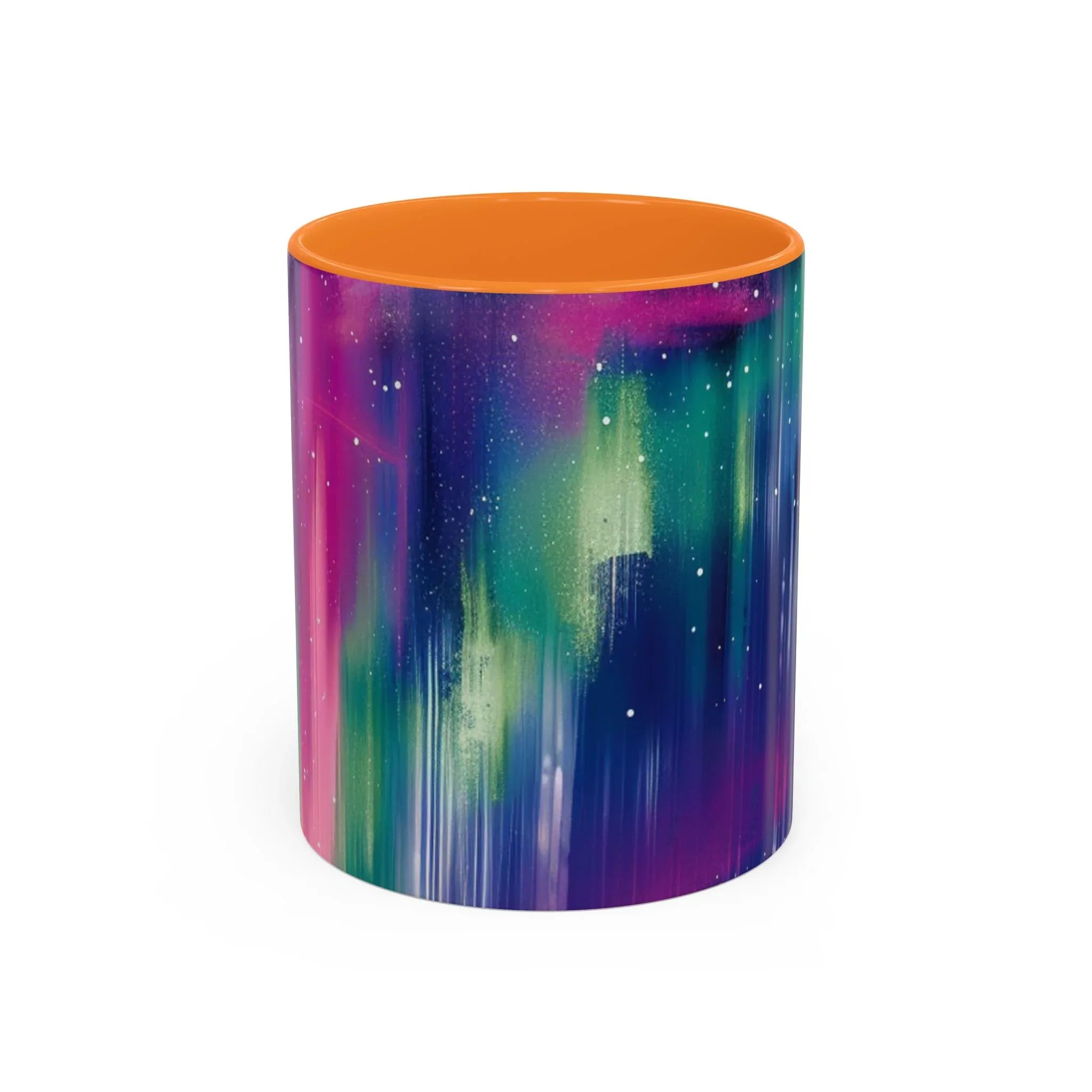 Colorful Mugs (11oz, 15oz), aurora borealis coffee cup design, northern lights starry silhouettes coffee cup - 250 USA Celebration