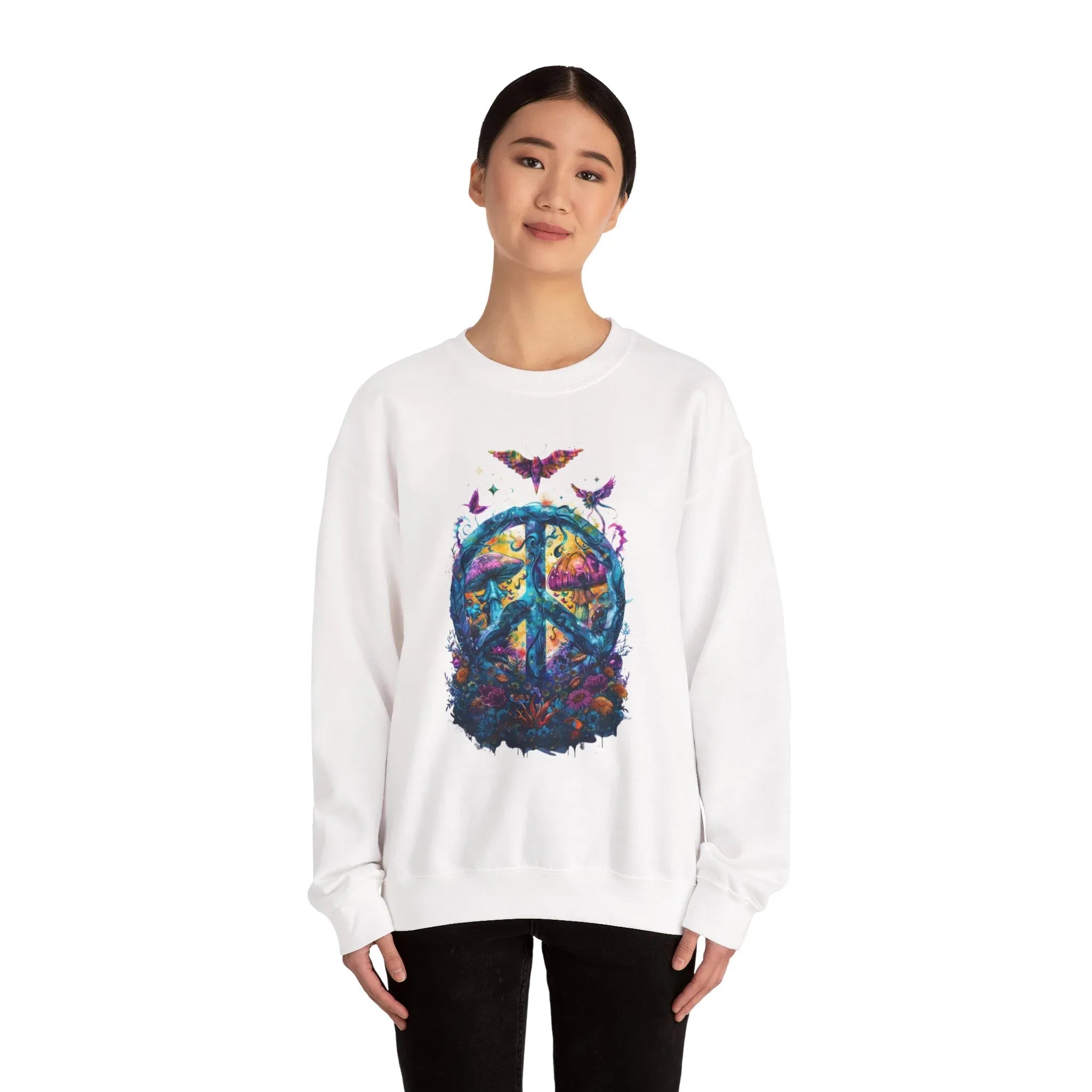 Psychedelic Mushroom Peace Sign Crewneck Sweatshirt | 60s Hippie Tie-Dye - 250 USA Celebration