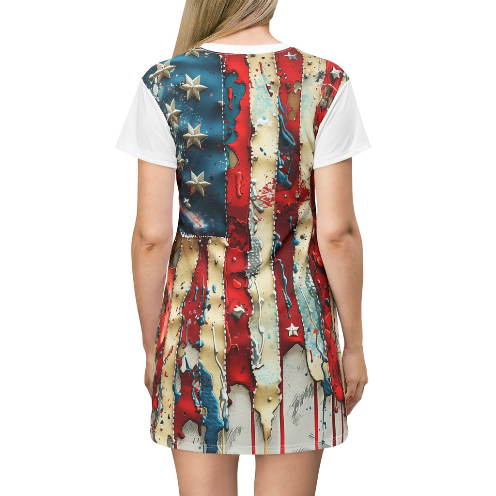 American Flag Drip T‑Shirt Dress — Distressed Patriotic Stars & Stripes