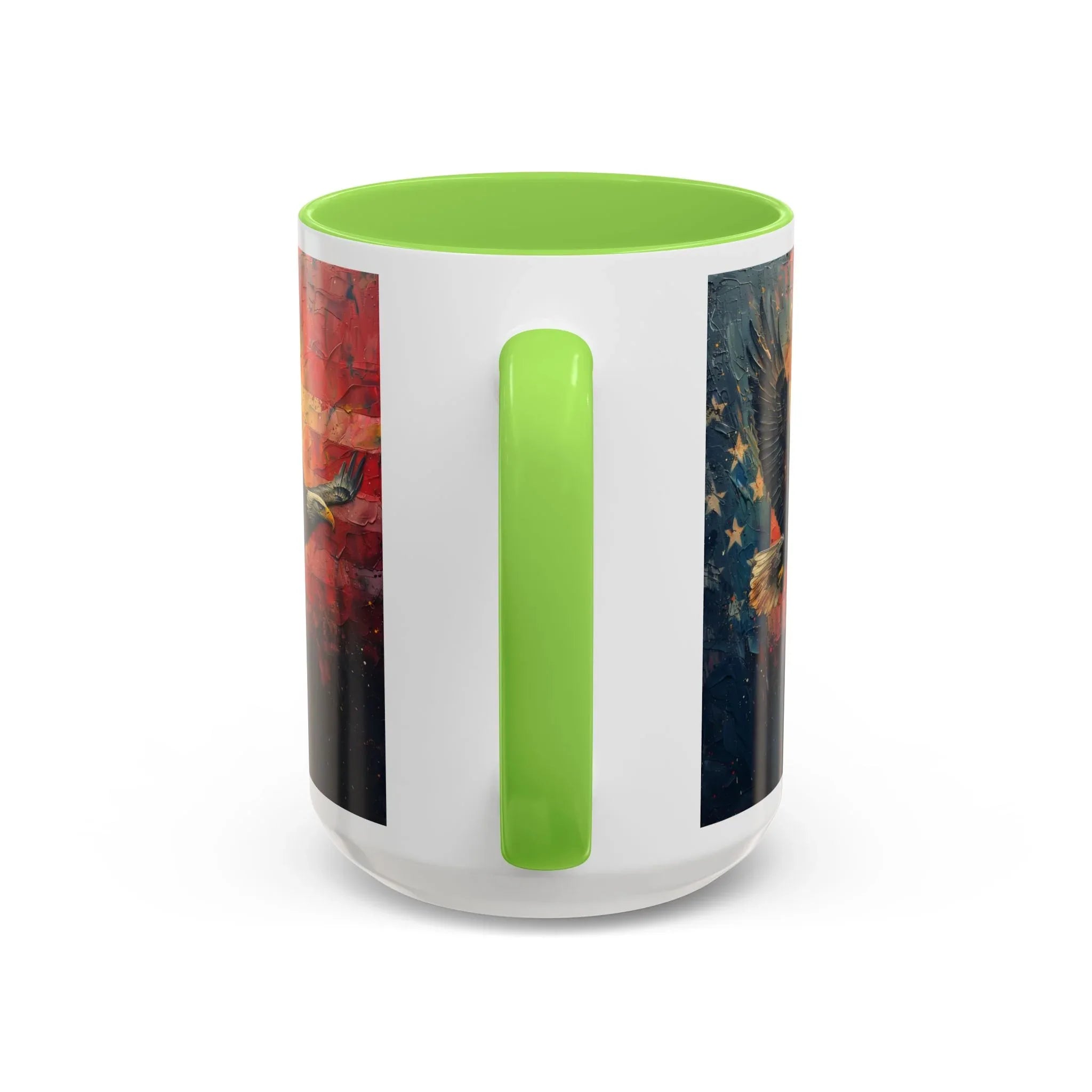 Colorful Mugs (11oz, 15oz) American Eagle Flying Coffee Cup, Patriotic American Eagle flying with American Flag in background - 250 USA Celebration