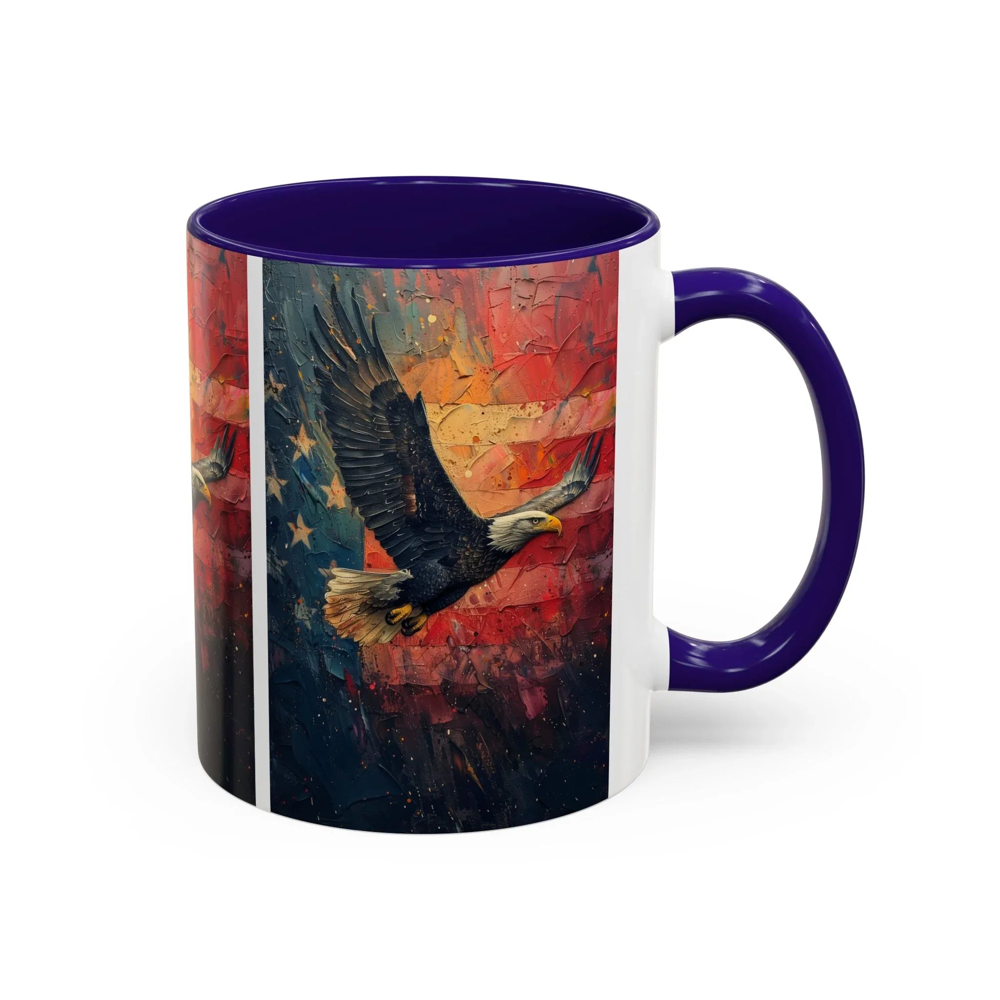 Colorful Mugs (11oz, 15oz) American Eagle Flying Coffee Cup, Patriotic American Eagle flying with American Flag in background - 250 USA Celebration