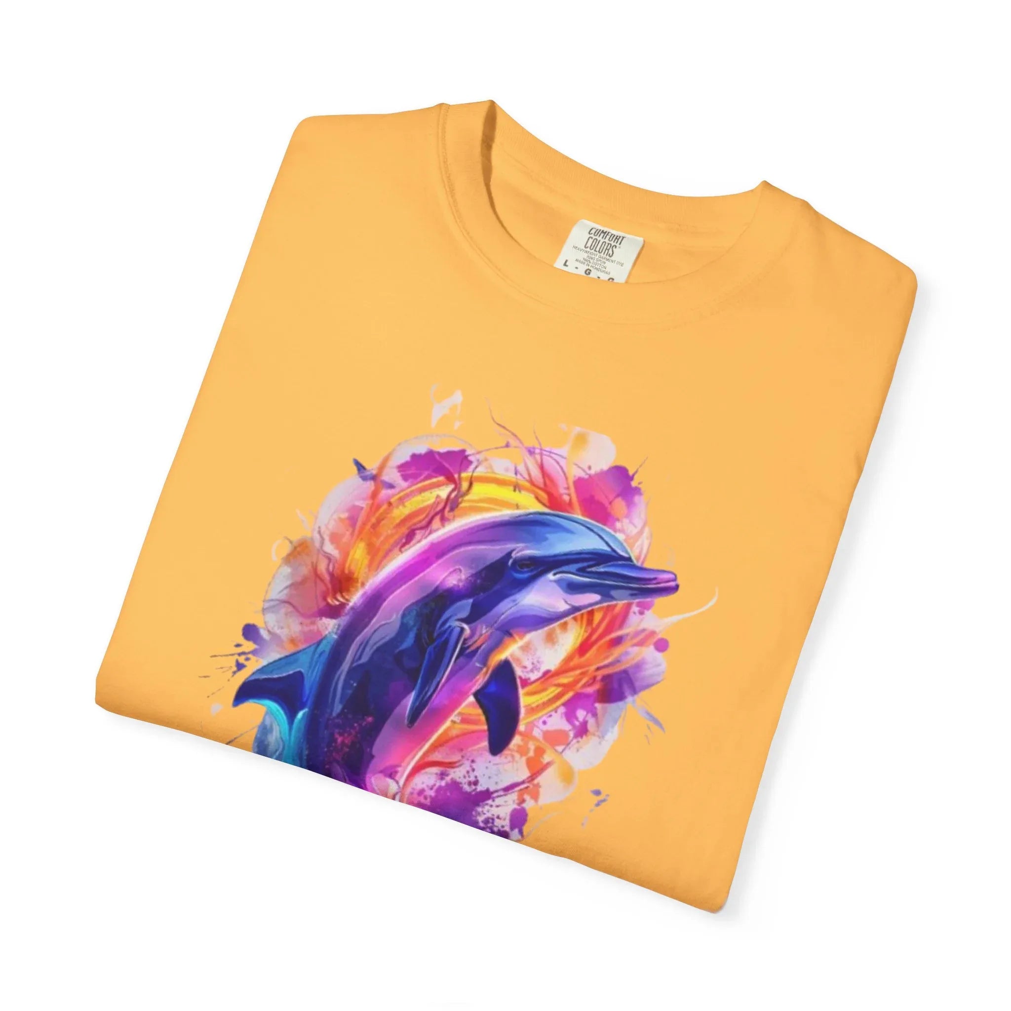 Colorful Watercolor Dolphin T-shirt | Vibrant Ocean Dolphin Tee Chrome Y2K Fantasy Dolphins & Butterflies T-Shirt | Airbrushed Liquid Metal - 250 USA Celebration