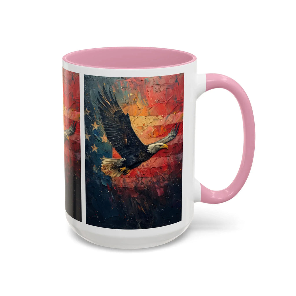 Colorful Mugs (11oz, 15oz) American Eagle Flying Coffee Cup, Patriotic American Eagle flying with American Flag in background - 250 USA Celebration