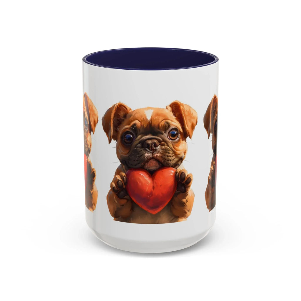 Cute French Bulldog Holding Red Heart Accent Coffee Mug | Puppy Cartoon Illustration - 250 USA Celebration