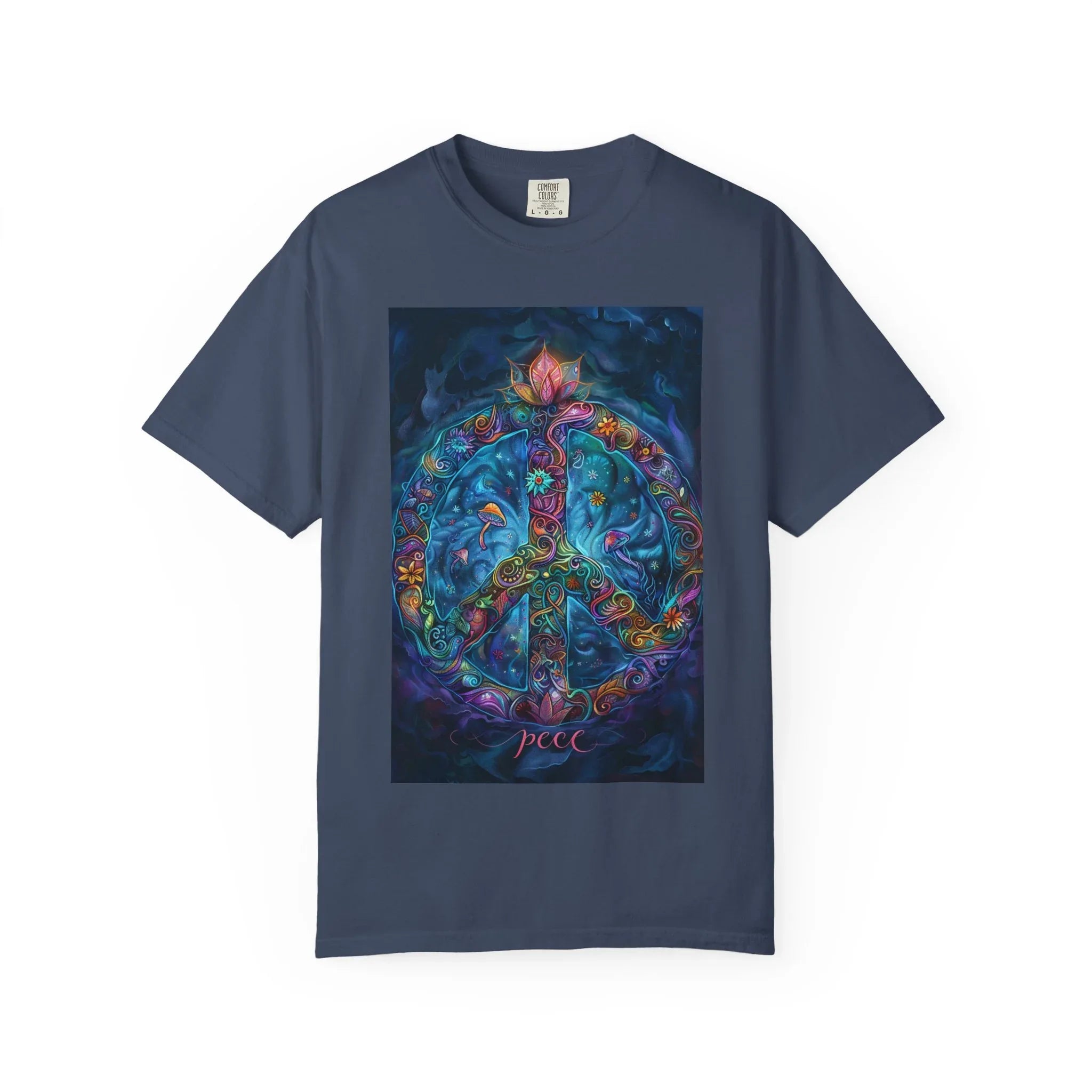Floral Peace Sign T-shirt | Psychedelic Hippie Vibes, Blue Shirt - 250 USA Celebration