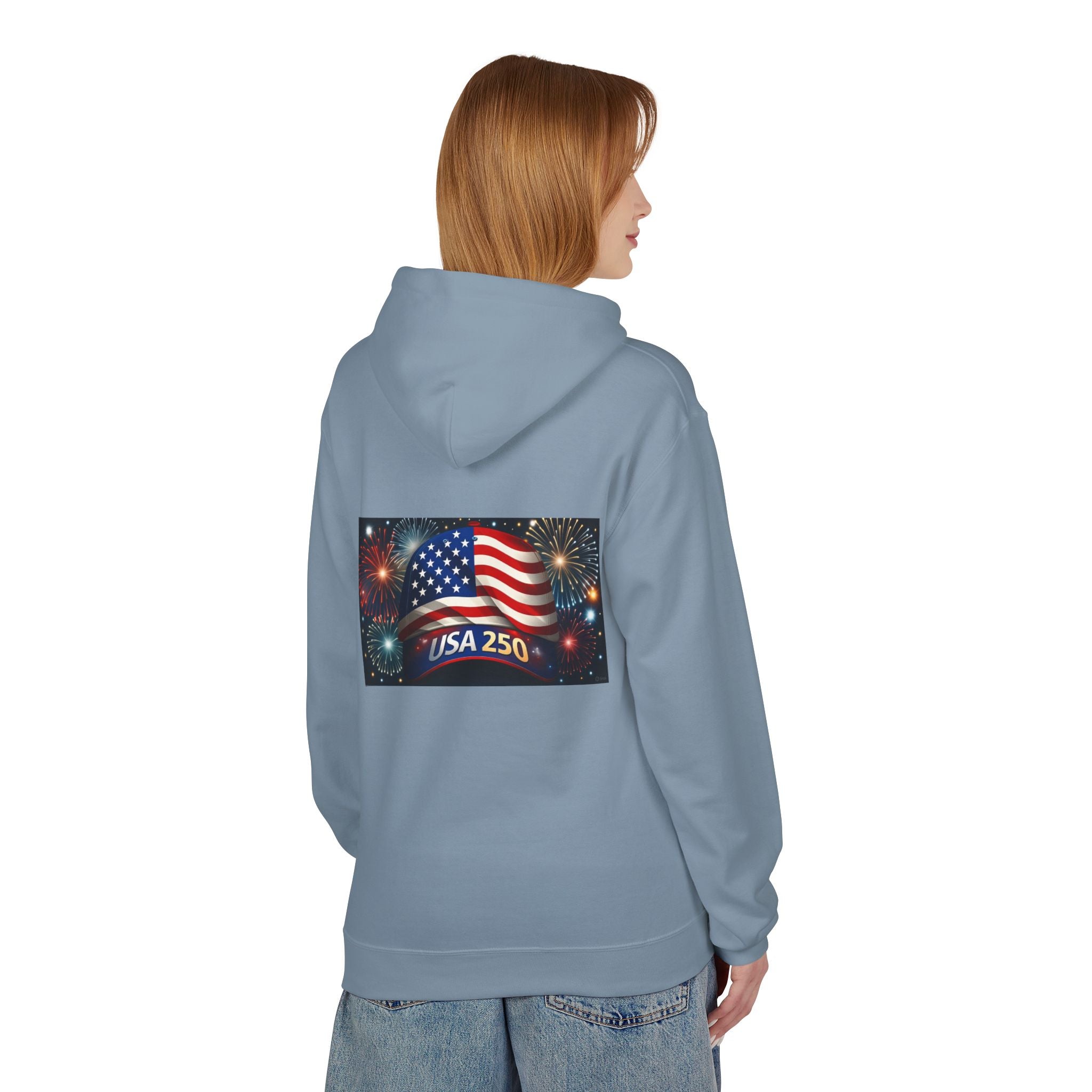 USA 250 Patriotic Hoodie with American Flag & Fireworks