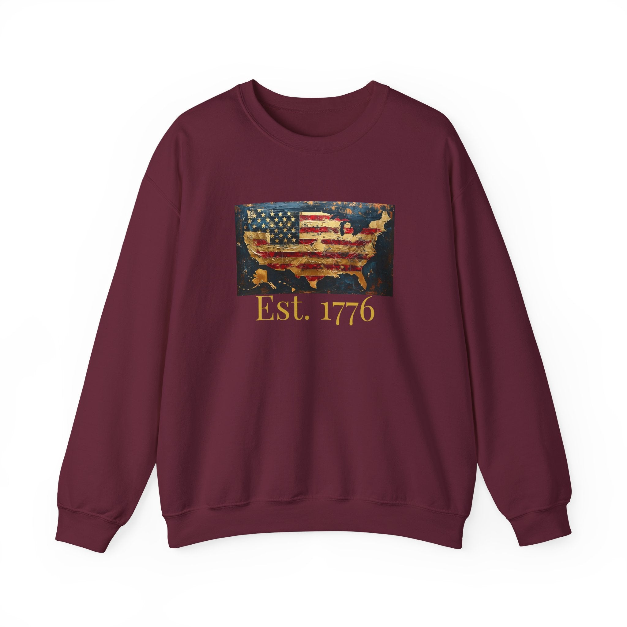 Crewneck Sweatshirt — Vintage American Flag Map “Est. 1776” (250th Anniversary)