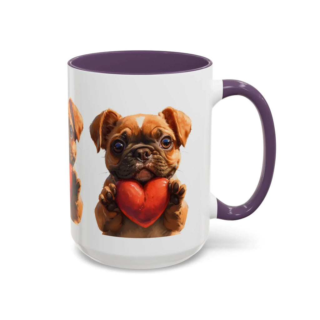Cute French Bulldog Holding Red Heart Accent Coffee Mug | Puppy Cartoon Illustration - 250 USA Celebration