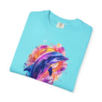 Colorful Watercolor Dolphin T-shirt | Vibrant Ocean Dolphin Tee Chrome Y2K Fantasy Dolphins & Butterflies T-Shirt | Airbrushed Liquid Metal - 250 USA Celebration