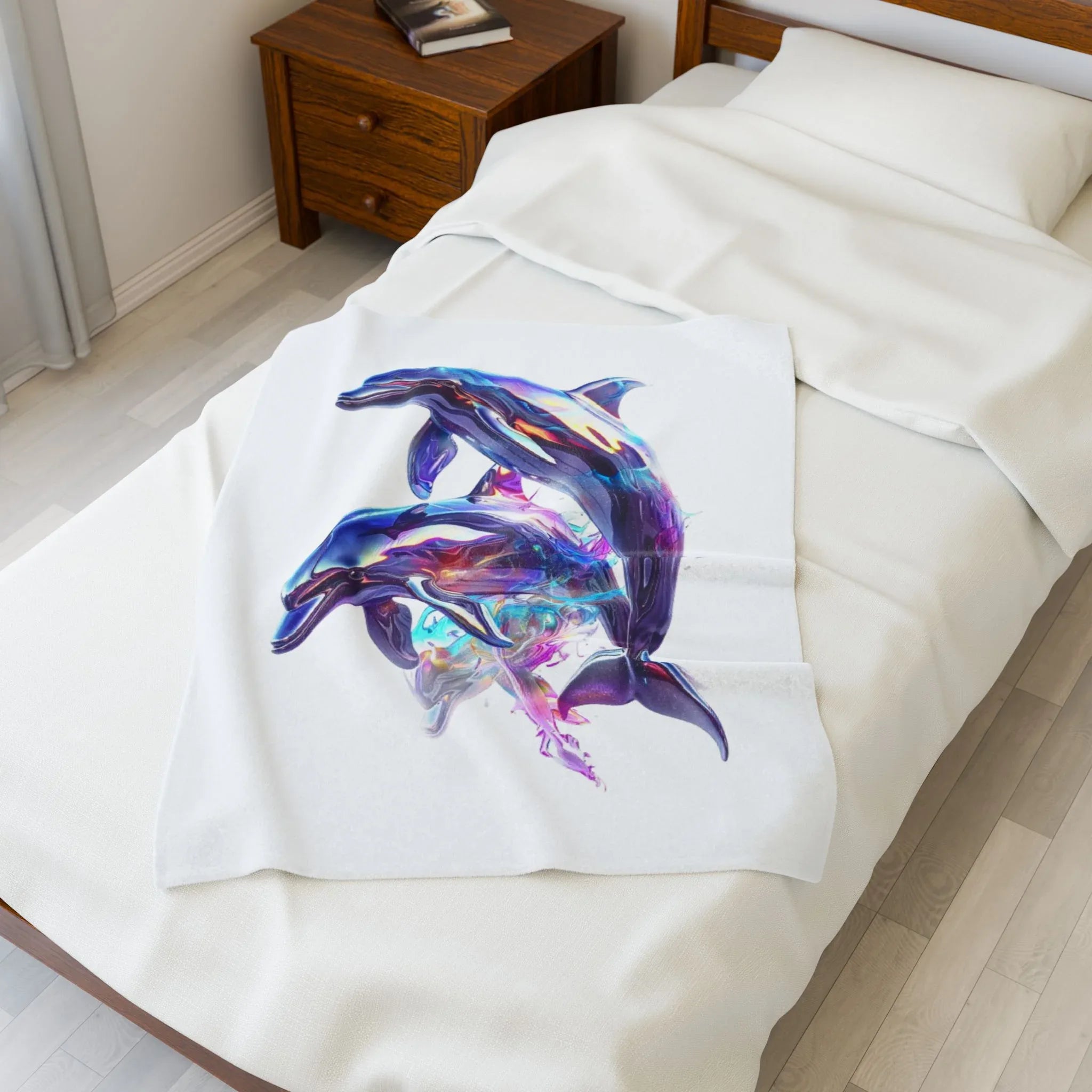 Iridescent Dolphins Velveteen Plush Blanket | Colorful Ocean Art - 250 USA Celebration