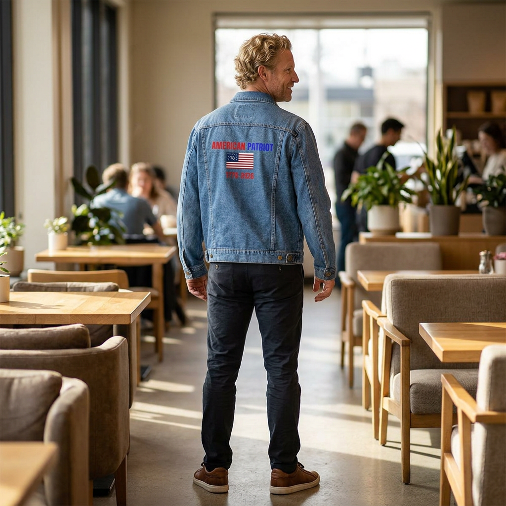 Men's Denim Jacket with Vintage American Flag & Bald Eagle Back Print