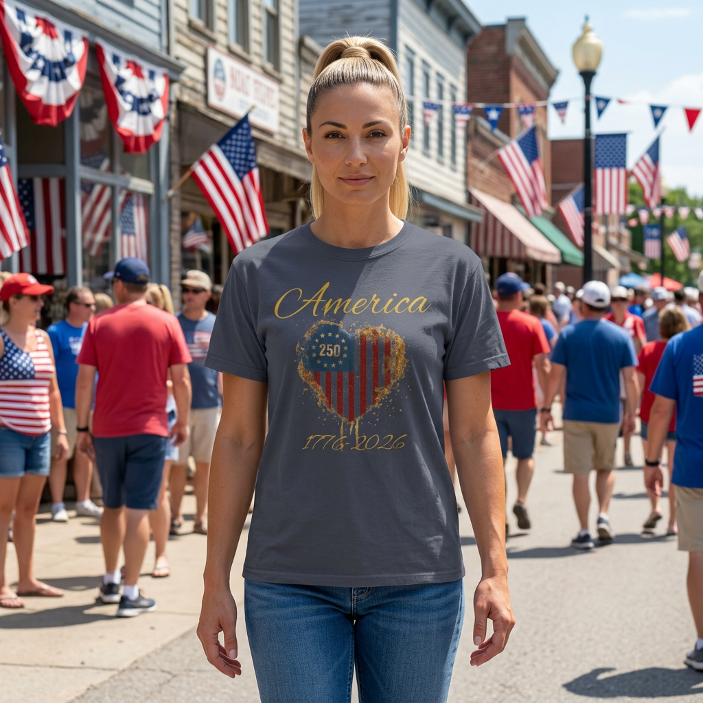 America 250 T-shirt | Patriotic Script, Red and Blue Text