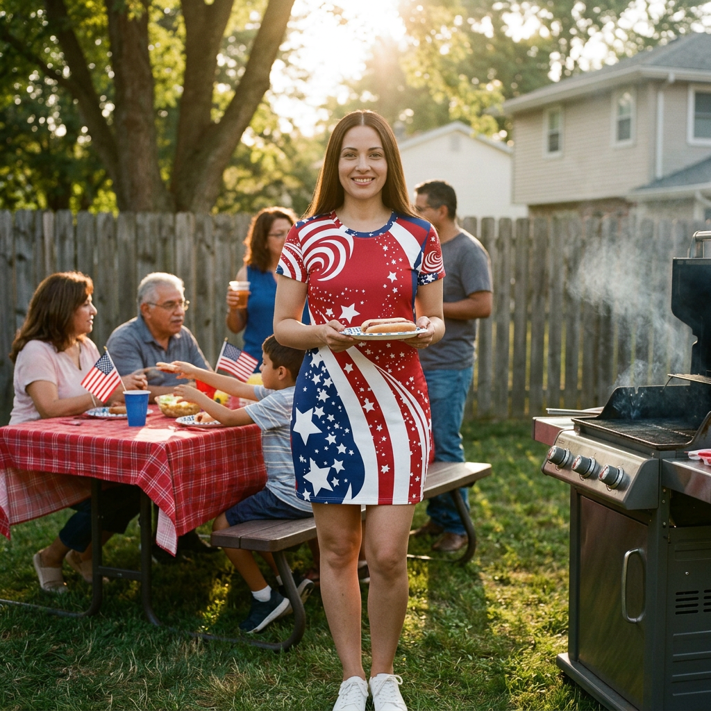 Patriotic Stars and Swirls American Flag T-Shirt Dress