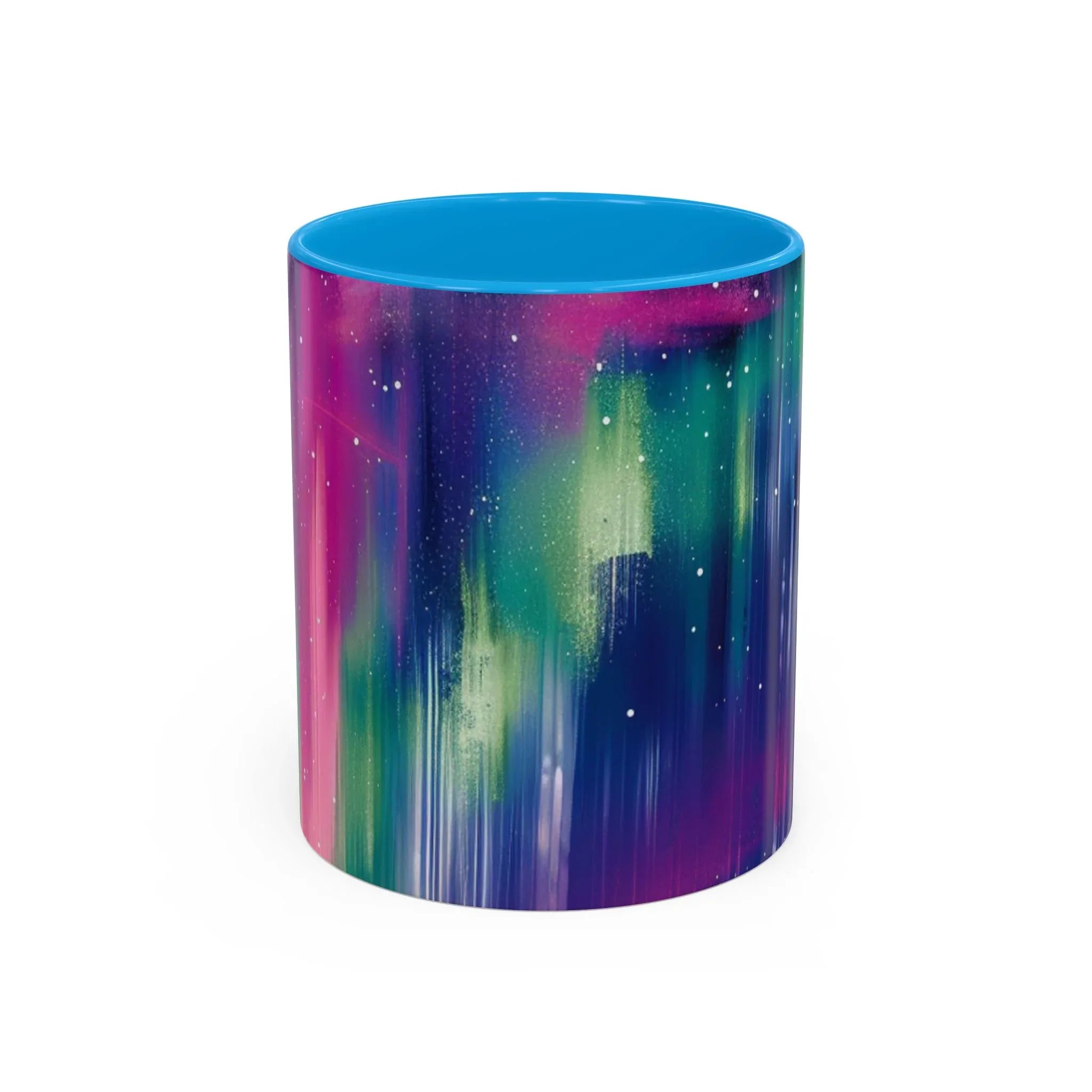 Colorful Mugs (11oz, 15oz), aurora borealis coffee cup design, northern lights starry silhouettes coffee cup - 250 USA Celebration