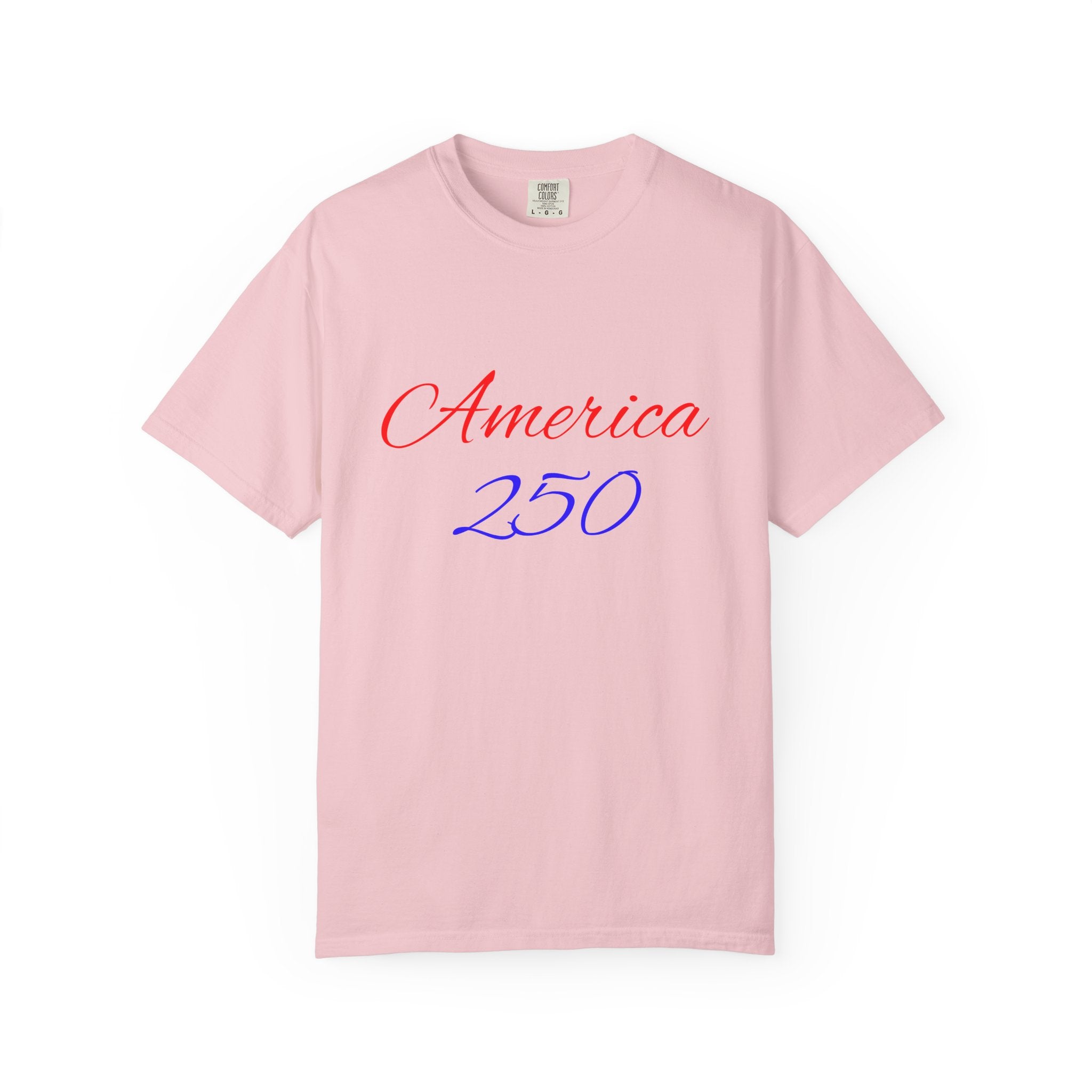 America 250 T-shirt | Patriotic Script, Red and Blue Text