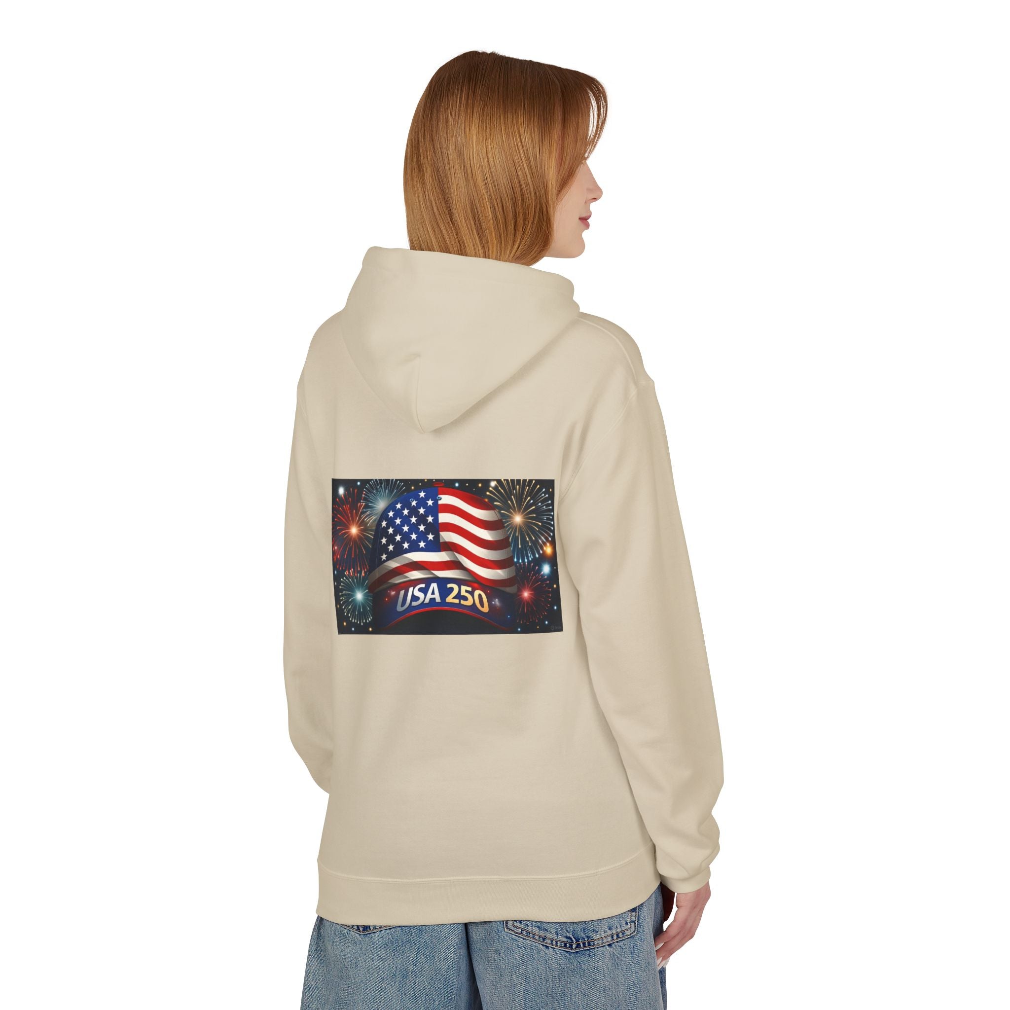 USA 250 Patriotic Hoodie with American Flag & Fireworks