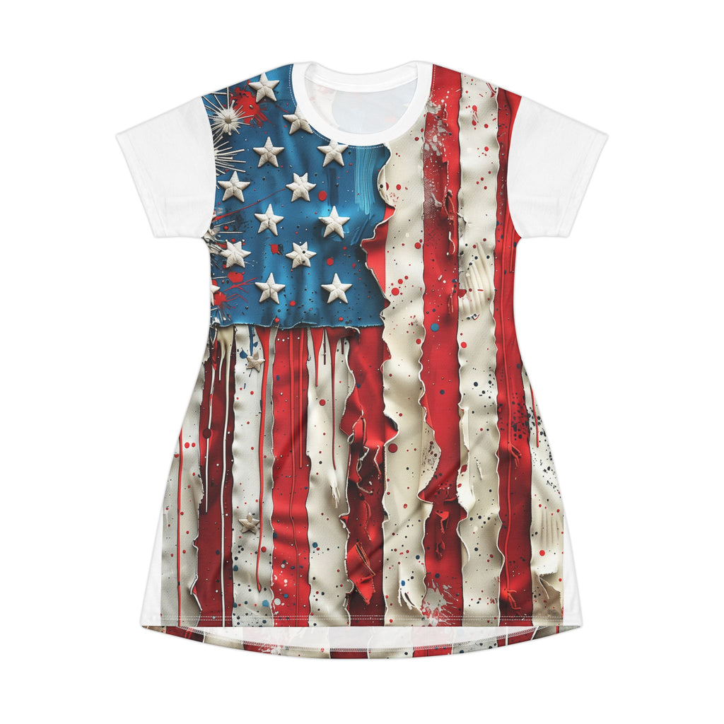 American Flag T-Shirt Dress — Distressed Patriotic Stars & Stripes AOP