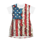 American Flag T-Shirt Dress — Distressed Patriotic Stars & Stripes AOP