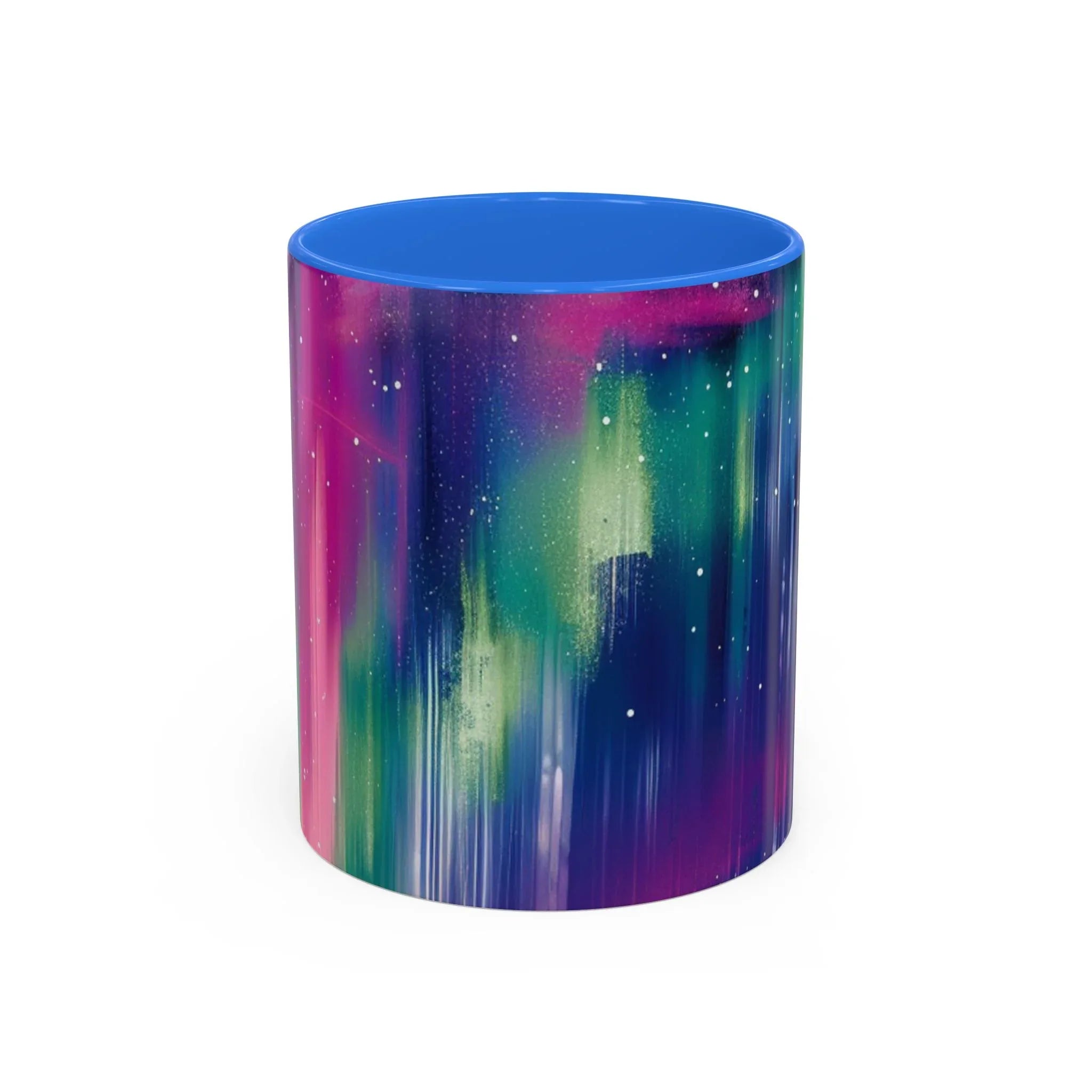 Colorful Mugs (11oz, 15oz), aurora borealis coffee cup design, northern lights starry silhouettes coffee cup - 250 USA Celebration
