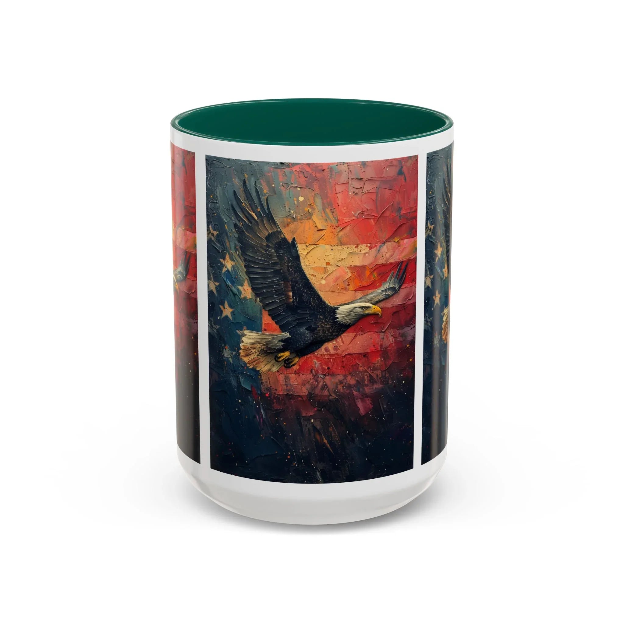 Colorful Mugs (11oz, 15oz) American Eagle Flying Coffee Cup, Patriotic American Eagle flying with American Flag in background - 250 USA Celebration
