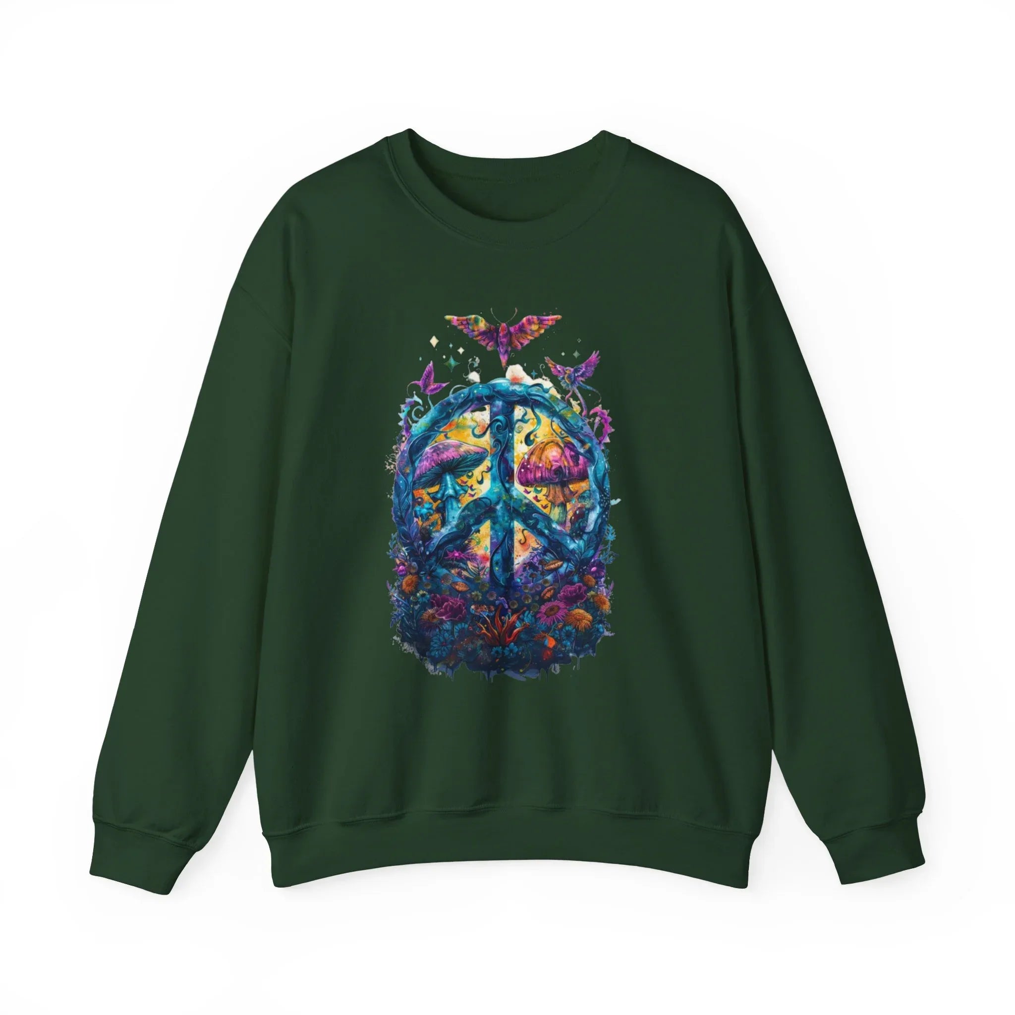 Psychedelic Mushroom Peace Sign Crewneck Sweatshirt | 60s Hippie Tie-Dye - 250 USA Celebration