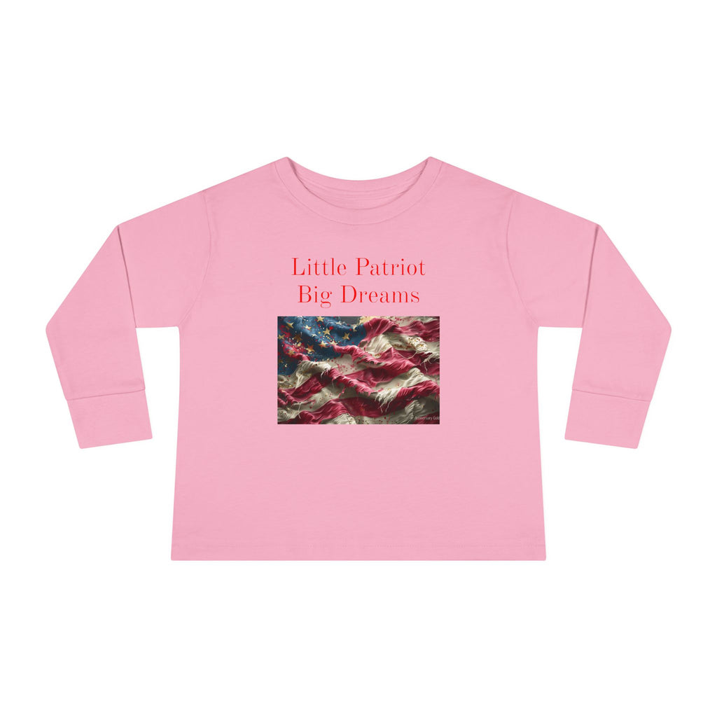 Toddler Long Sleeve Tee — "Little Patriot Big Dreams" American Flag Graphic
