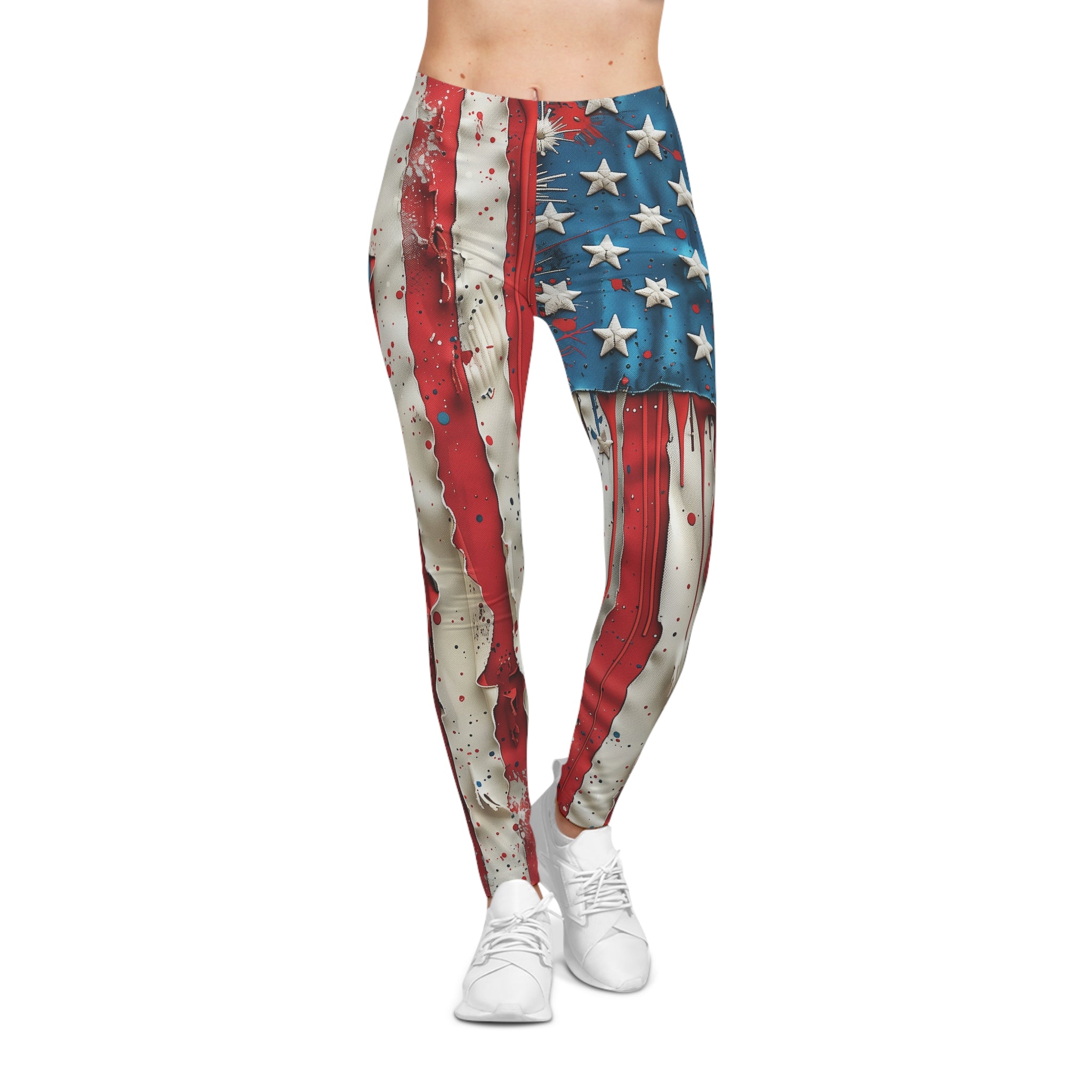 American Flag Paint-Drip Leggings — Patriotic Stars & Stripes Activewear