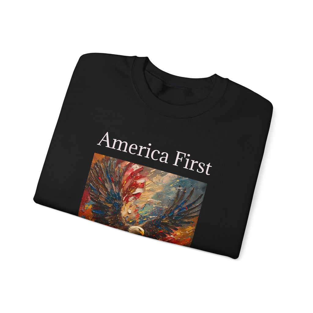 Patriotic Sweatshirt, American Eagle with America First Headline, USA Pullover Jumper, Fourth of July Gift, Political Statement Top, Unisex