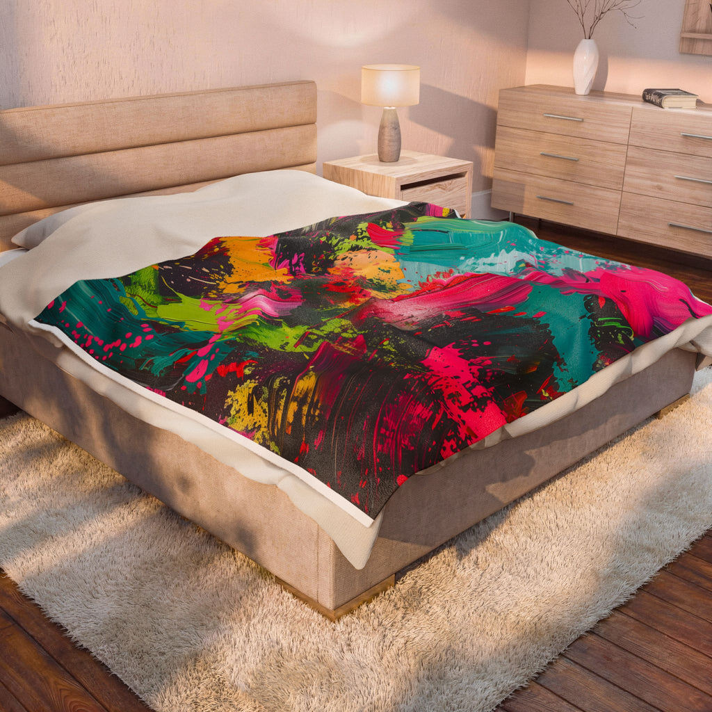 Abstract Neon Brushstroke Velveteen Plush Blanket — Vibrant Colorful Throw for Home, Dorm & Gifts