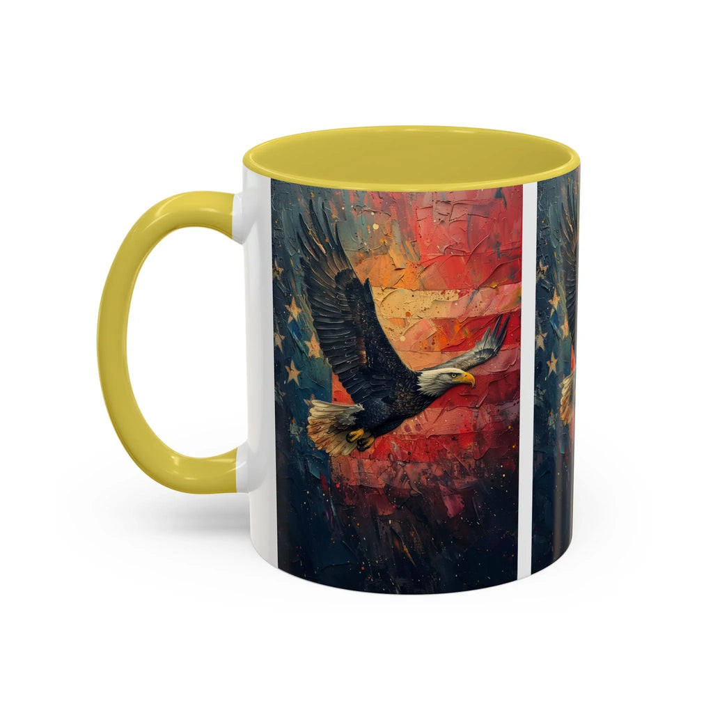 Colorful Mugs (11oz, 15oz) American Eagle Flying Coffee Cup, Patriotic American Eagle flying with American Flag in background - 250 USA Celebration