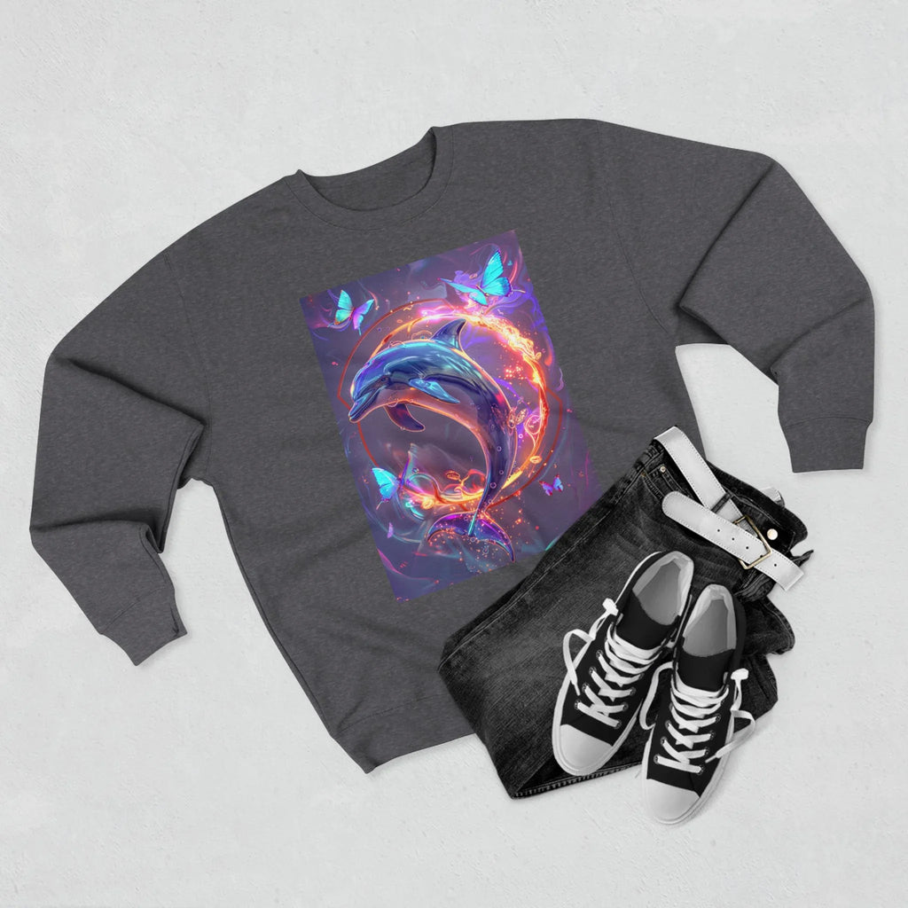 Neon Mystic Dolphin Ring sweatshirt | Glowing Butterflies, Fantasy Ocean Art - 250 USA Celebration