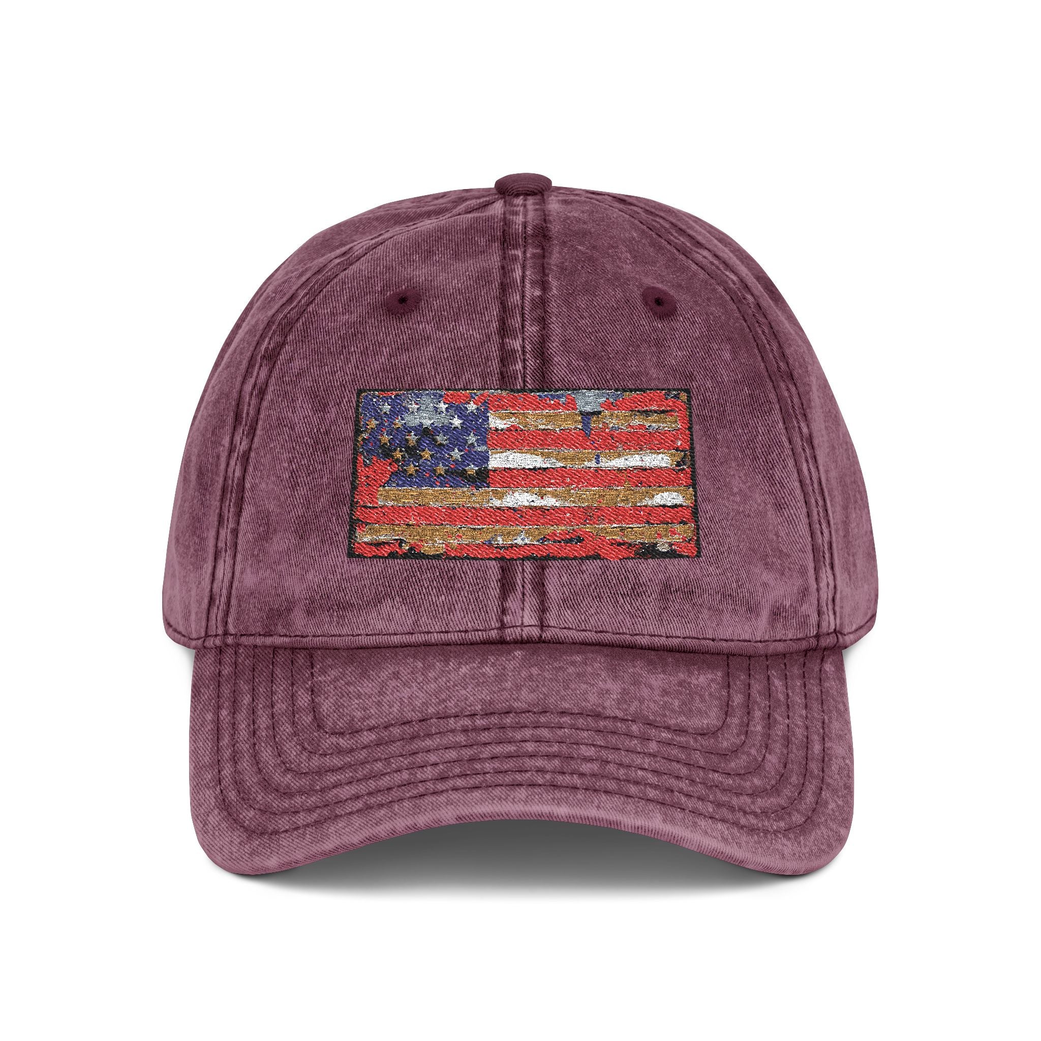 Vintage Embroidered American Flag Cap — Distressed Red Baseball Hat