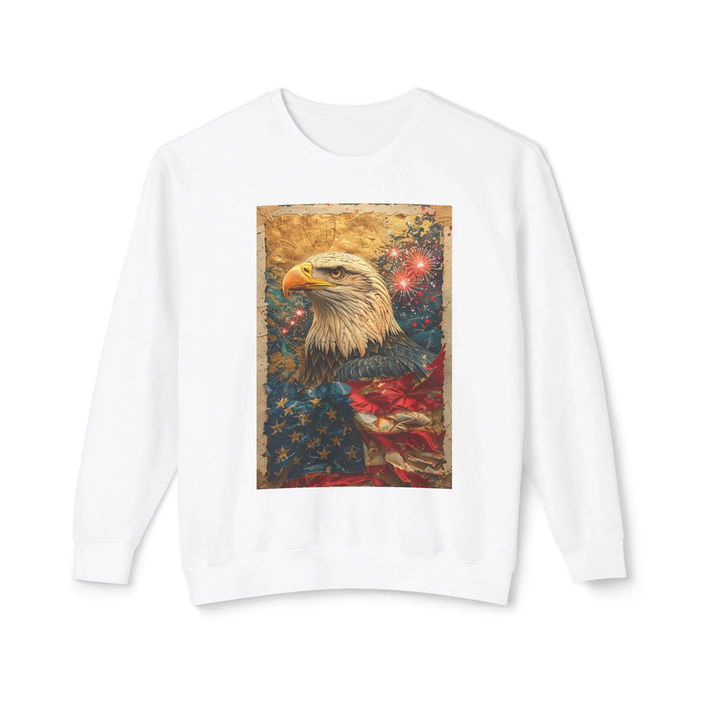 Triumphant Bald Eagle clutching American Flag Sweatshirt | Patriotic Fireworks Outline - 250 USA Celebration