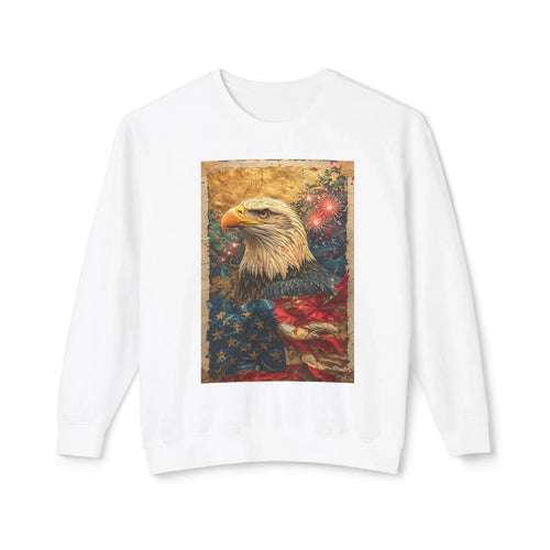 Triumphant Bald Eagle clutching American Flag Sweatshirt | Patriotic Fireworks Outline - 250 USA Celebration