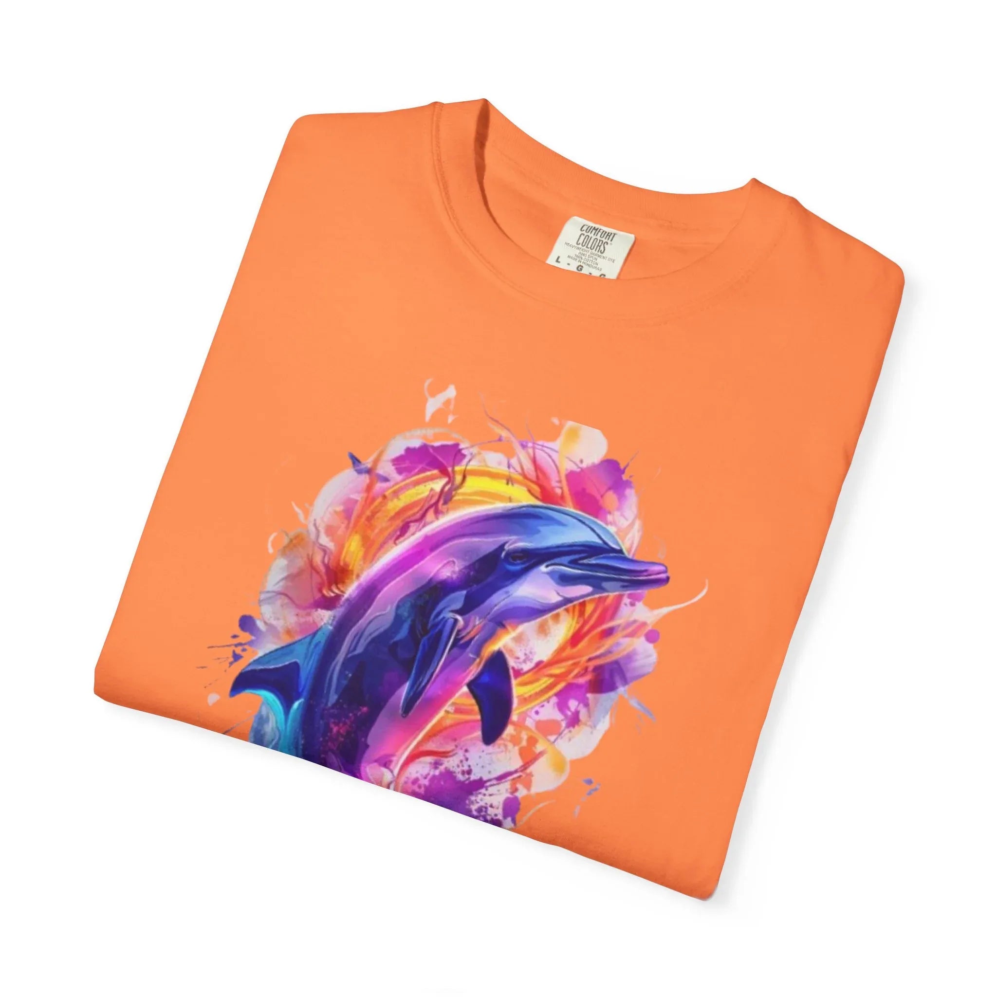 Colorful Watercolor Dolphin T-shirt | Vibrant Ocean Dolphin Tee Chrome Y2K Fantasy Dolphins & Butterflies T-Shirt | Airbrushed Liquid Metal - 250 USA Celebration