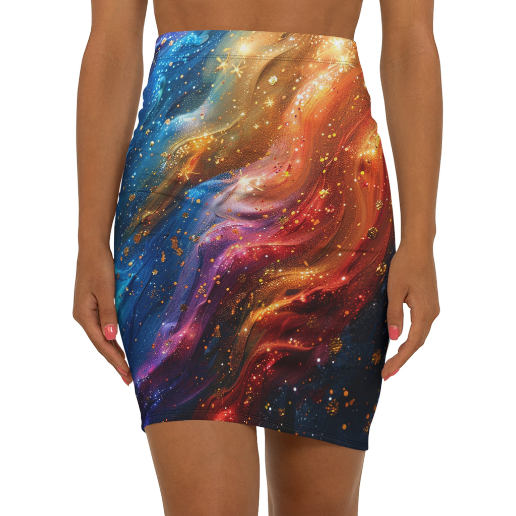 Galaxy Swirl Pencil Skirt — Colorful Cosmic Print Mid-Waist Skirt