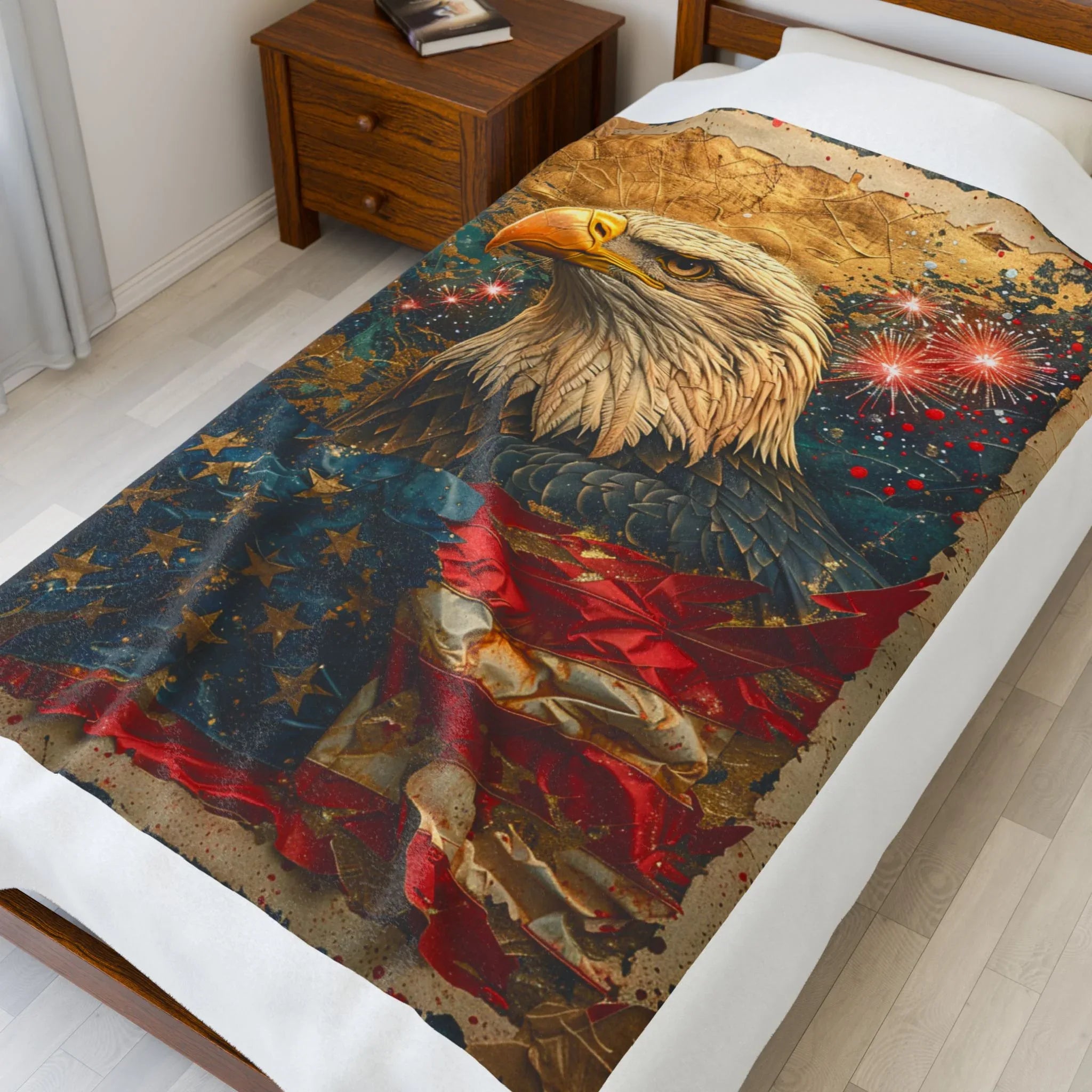 Triumphant Bald Eagle clutching Tattered American Flag Blanket | Patriotic Fireworks Outline - 250 USA Celebration
