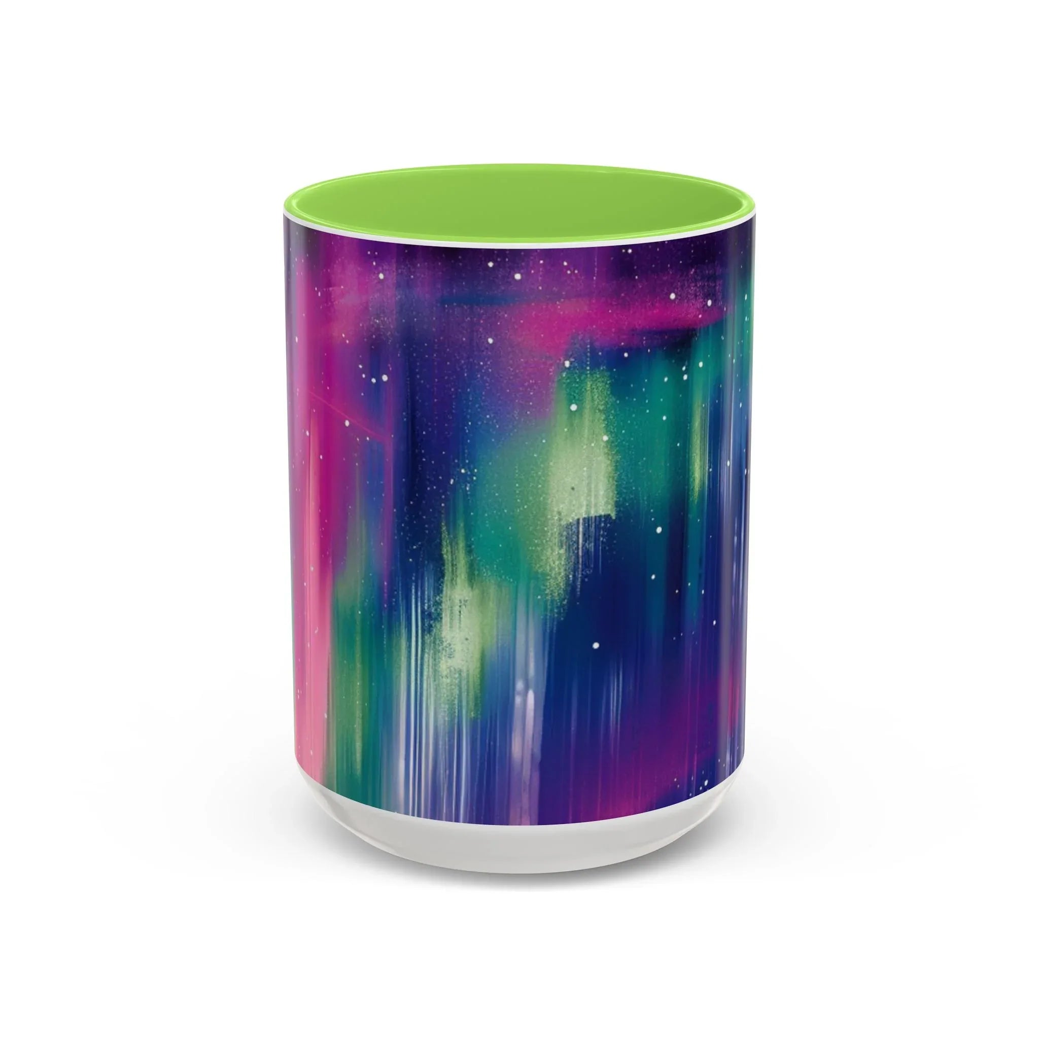 Colorful Mugs (11oz, 15oz), aurora borealis coffee cup design, northern lights starry silhouettes coffee cup - 250 USA Celebration