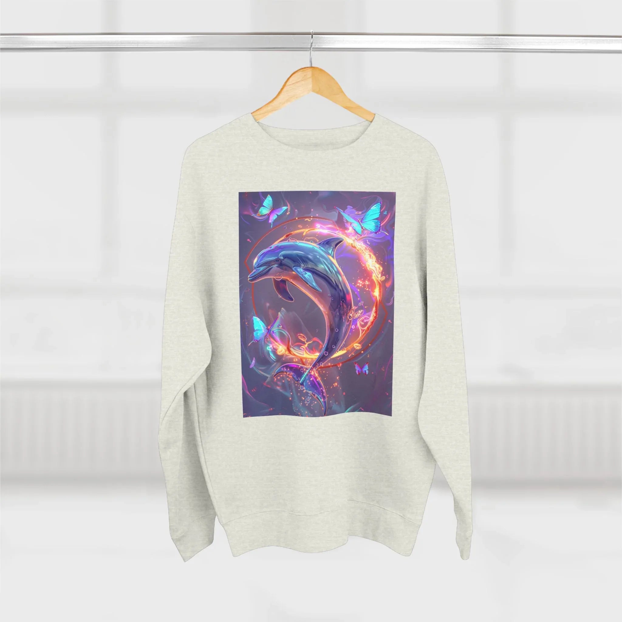 Neon Mystic Dolphin Ring sweatshirt | Glowing Butterflies, Fantasy Ocean Art - 250 USA Celebration