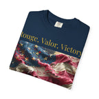 Patriotic T-Shirt — "Rouge, Valor, Victory" American Flag Graphic, "America First" Back Text