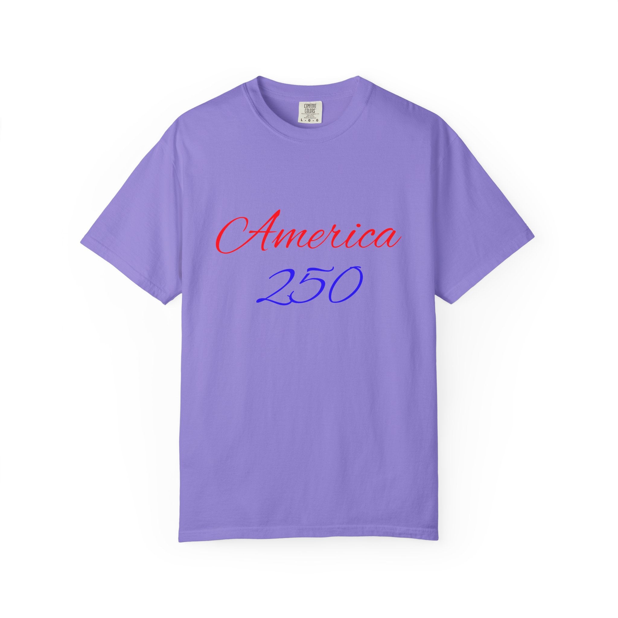 America 250 T-shirt | Patriotic Script, Red and Blue Text