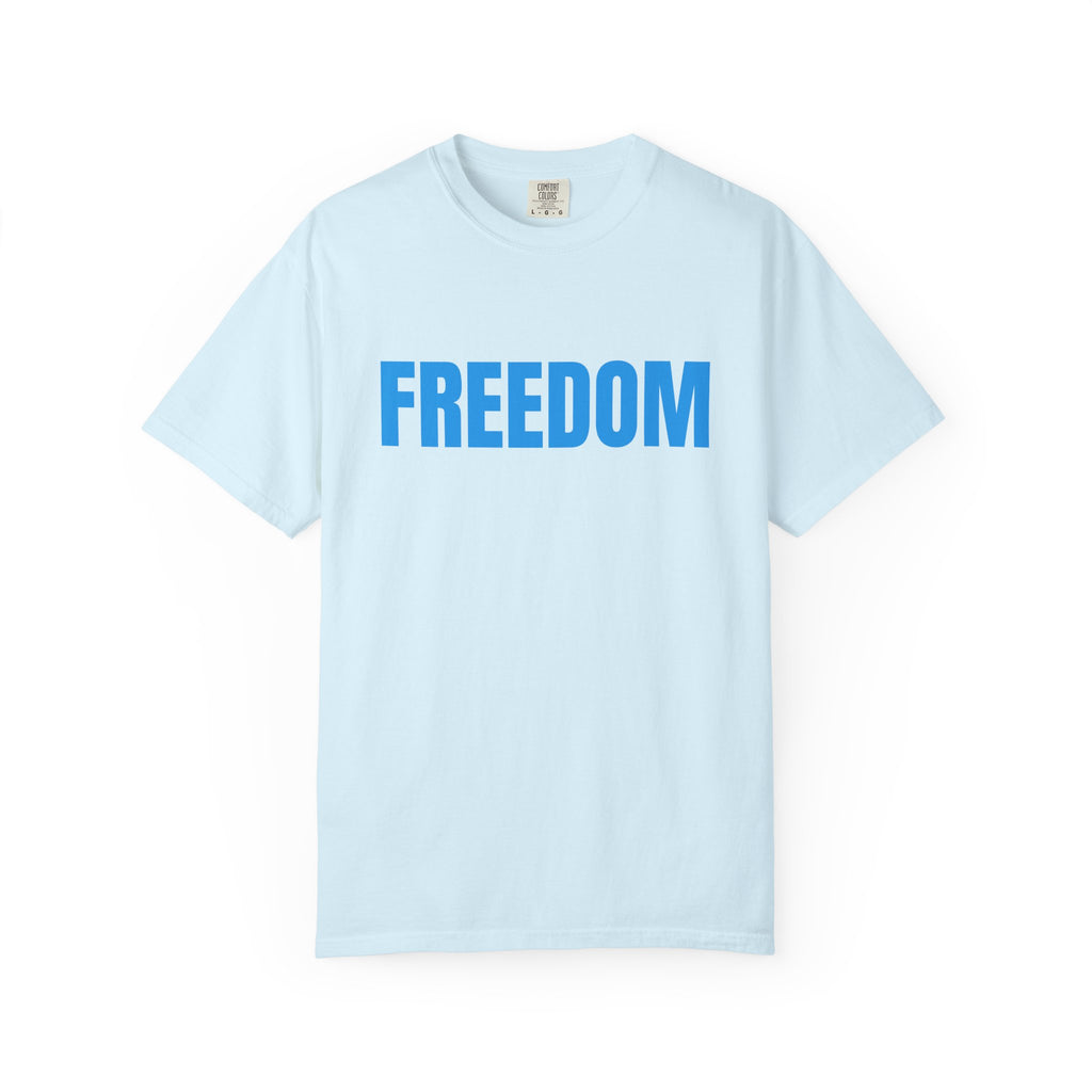 Freedom Graphic T-Shirt — Bold Blue Text Patriotic Tee