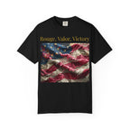 Patriotic T-Shirt — "Rouge, Valor, Victory" American Flag Graphic, "America First" Back Text
