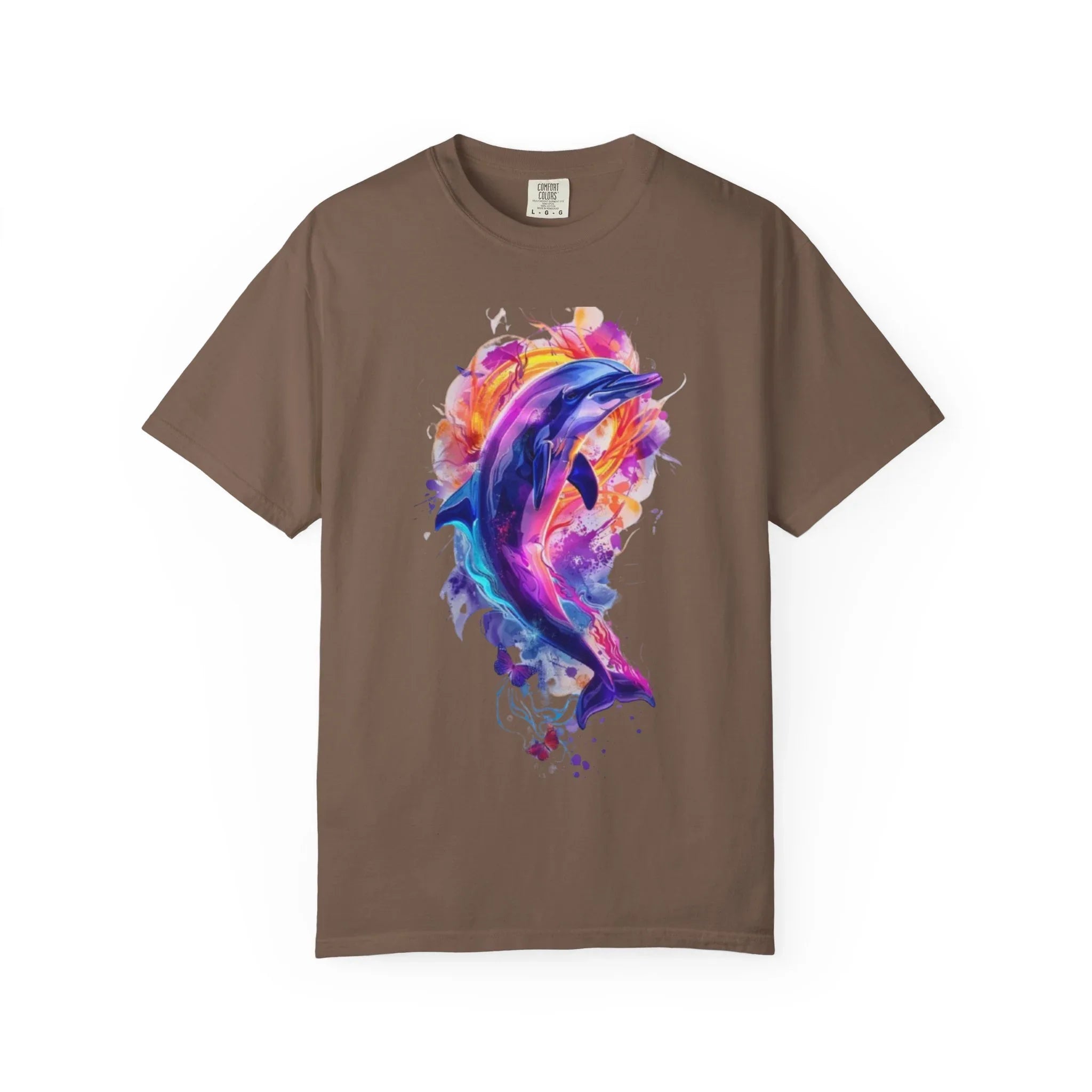 Colorful Watercolor Dolphin T-shirt | Vibrant Ocean Dolphin Tee Chrome Y2K Fantasy Dolphins & Butterflies T-Shirt | Airbrushed Liquid Metal - 250 USA Celebration