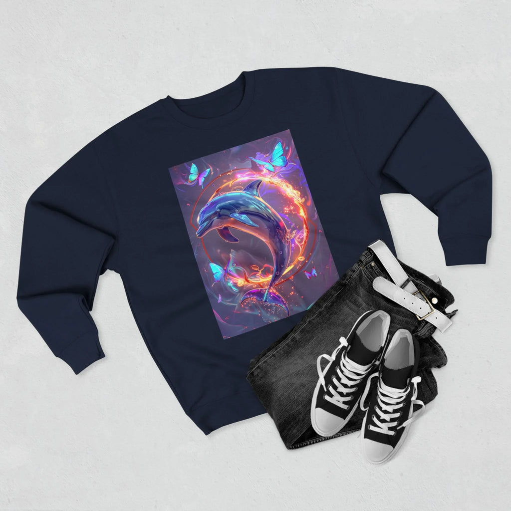 Neon Mystic Dolphin Ring sweatshirt | Glowing Butterflies, Fantasy Ocean Art - 250 USA Celebration