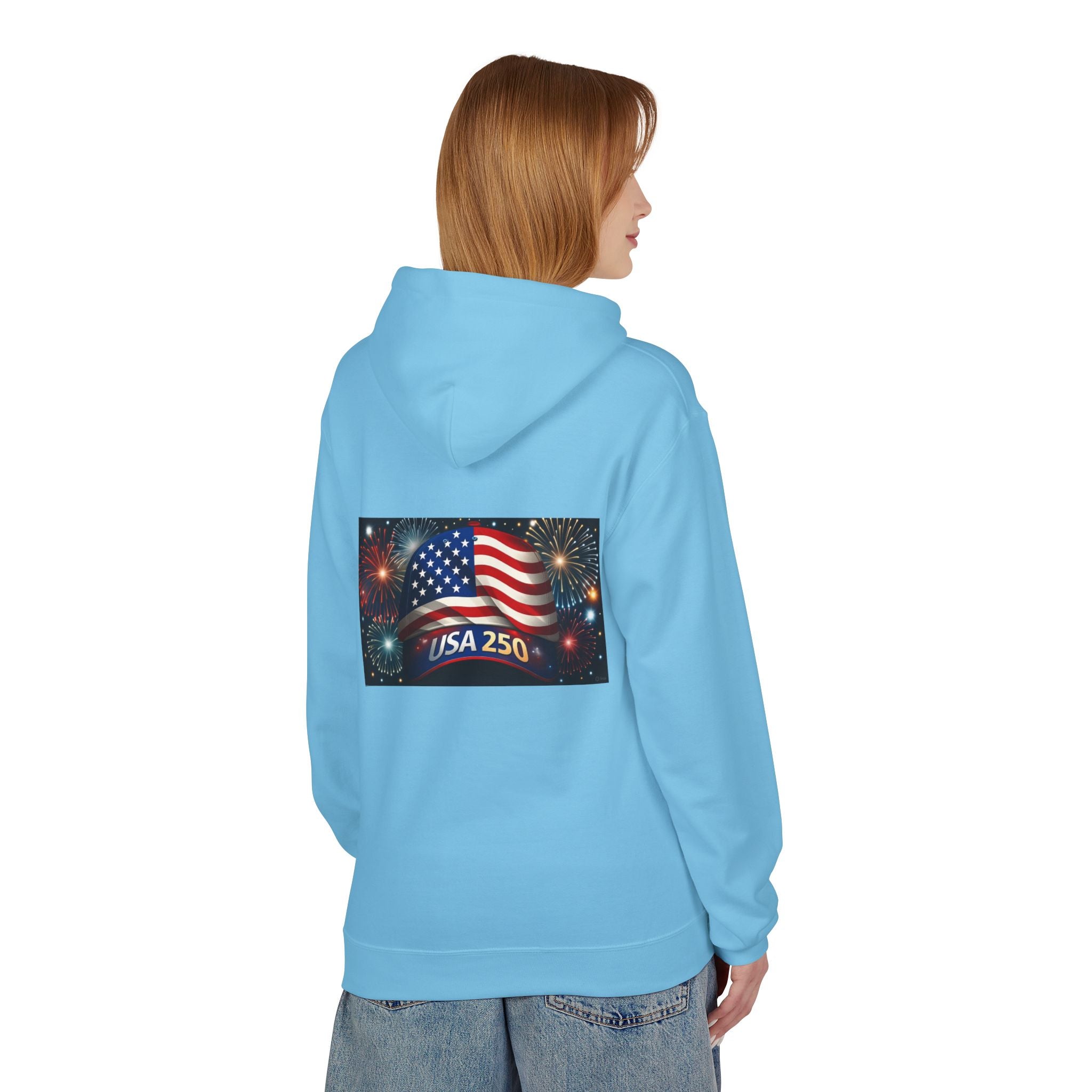 USA 250 Patriotic Hoodie with American Flag & Fireworks