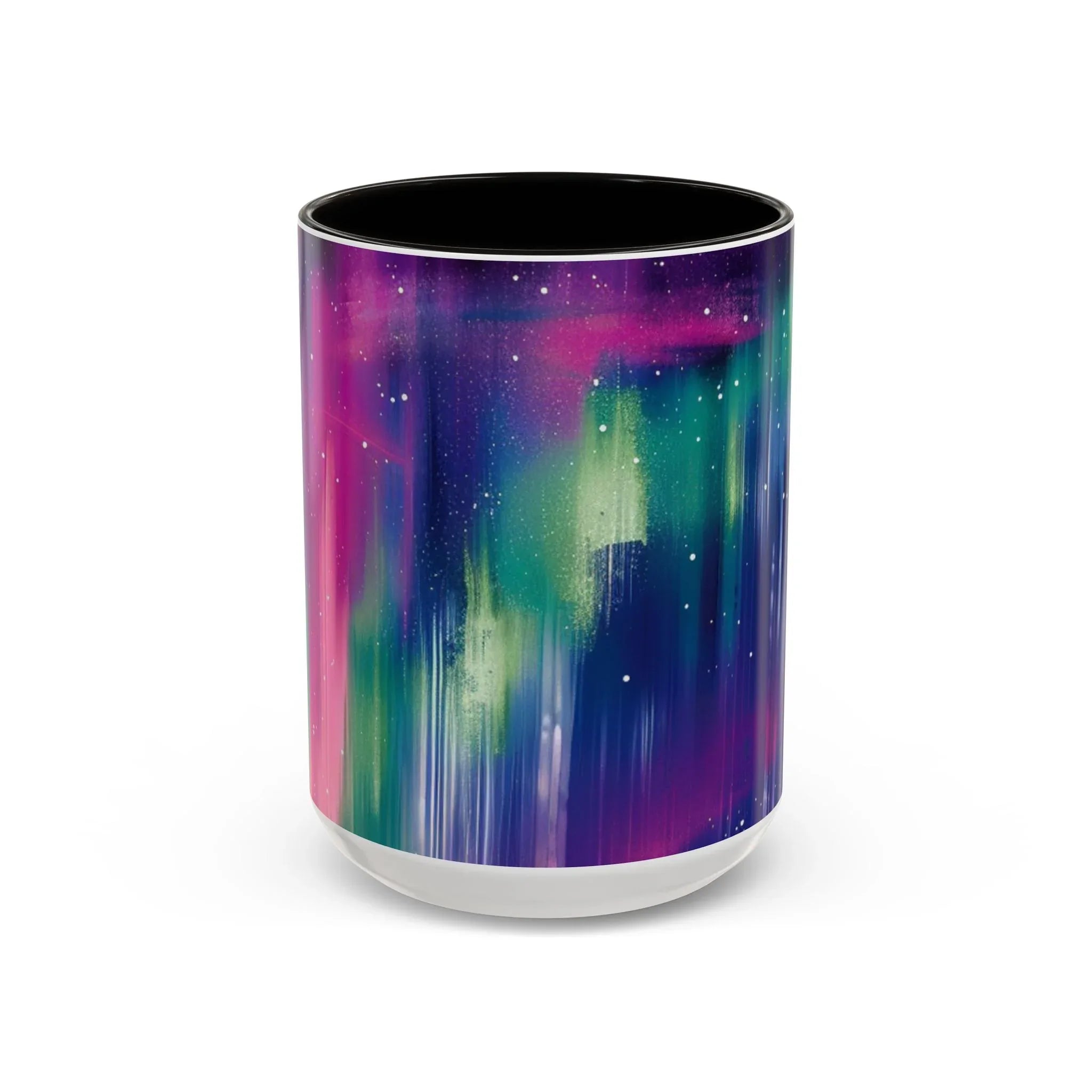 Colorful Mugs (11oz, 15oz), aurora borealis coffee cup design, northern lights starry silhouettes coffee cup - 250 USA Celebration